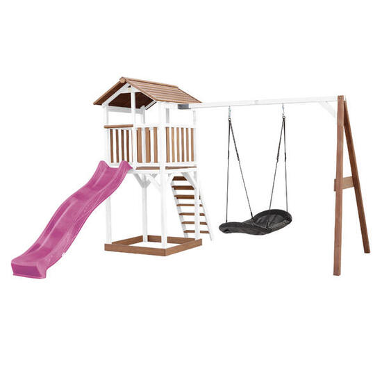 Aire de jeux Beach Tower Marron/Blanche, Toboggan Violet, Balançoire