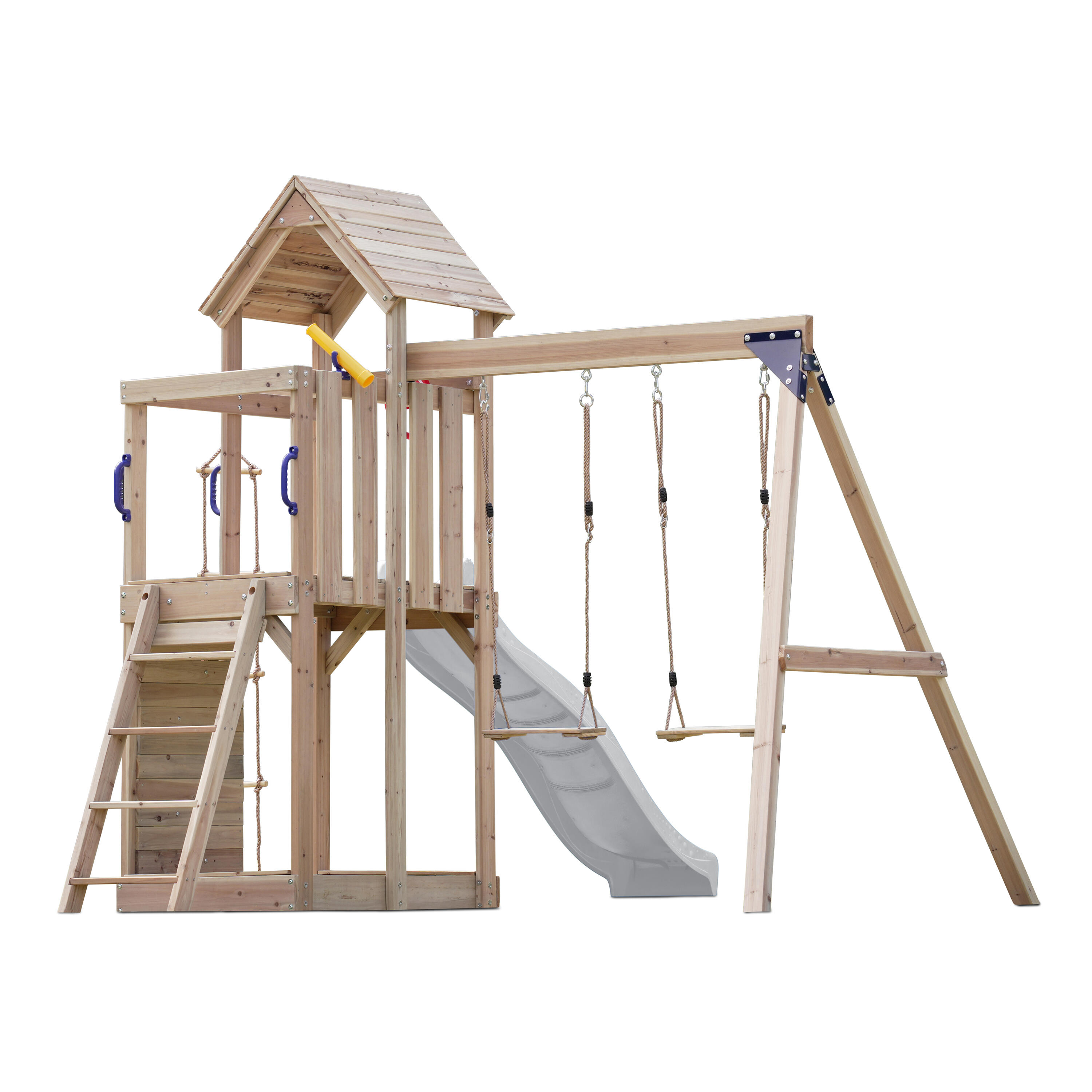 Aire de jeux, Moos avec balançoire double et échelle en corde - toboggan blanc 7/7