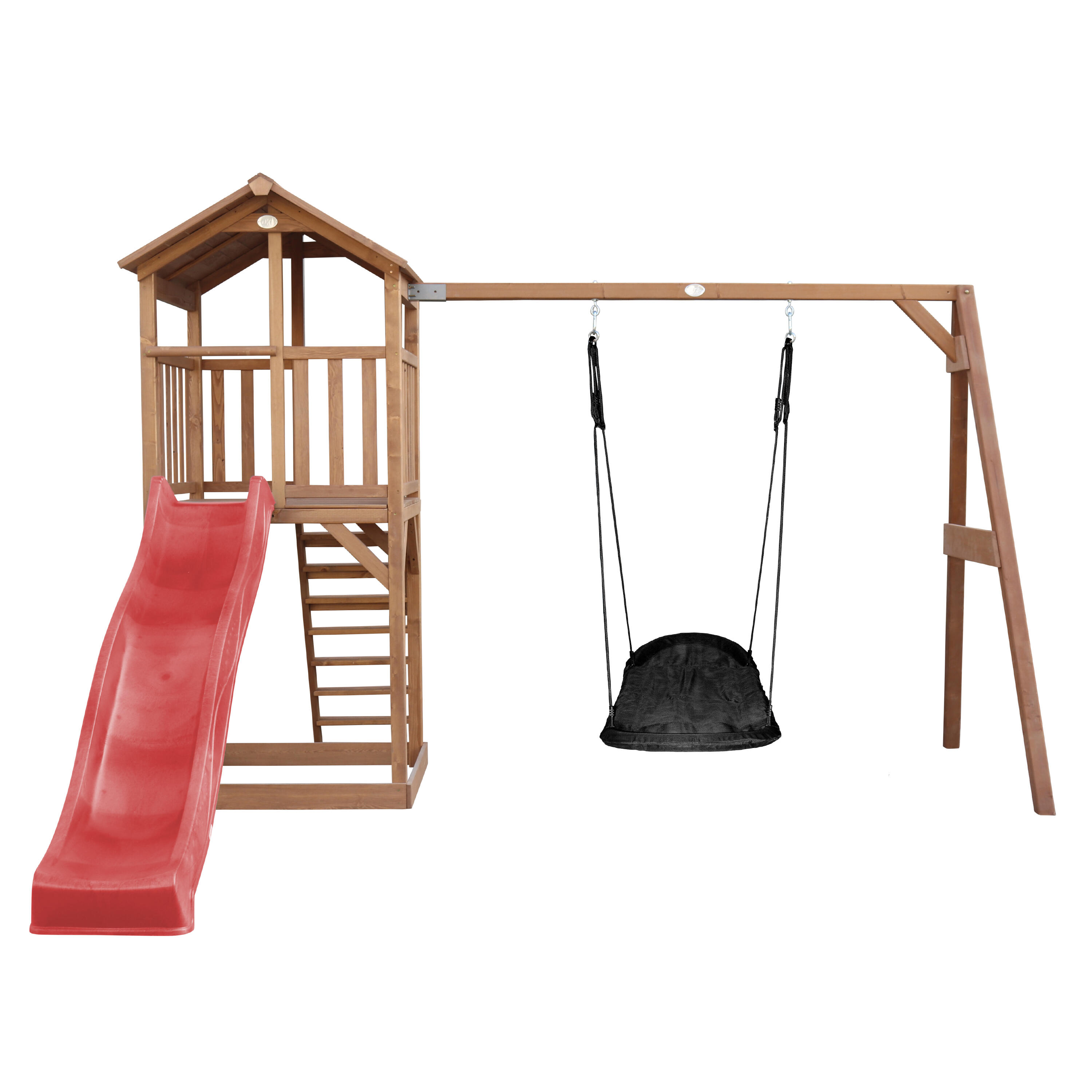 Aire de jeux Beach Tower marron, Toboggan Rouge,  Balançoire Nid d'oiseau 2/7