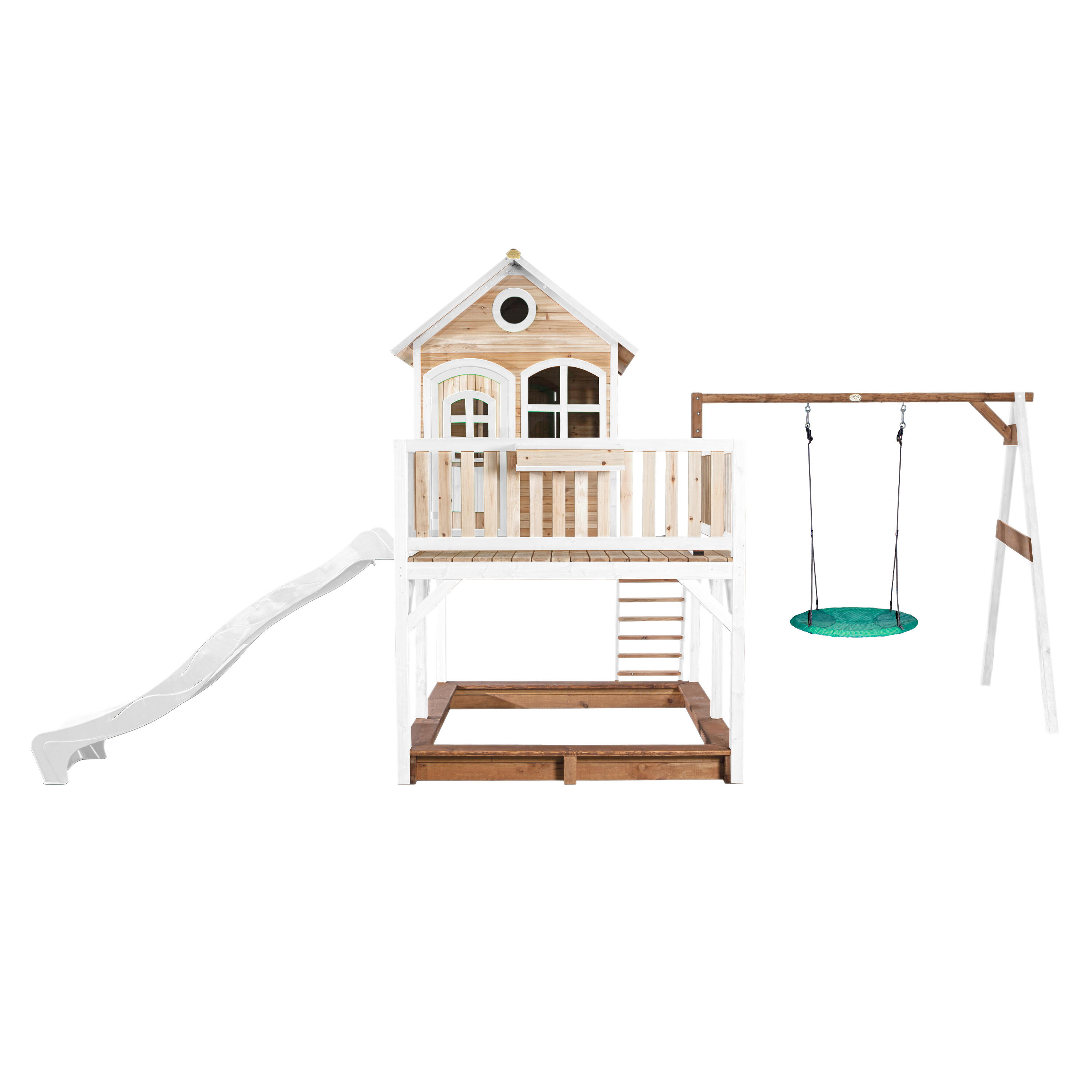 Maisonnette en bois Liam,Bac à Sable, Balançoire Nid d’Oiseau, Toboggan Blanc 2/7