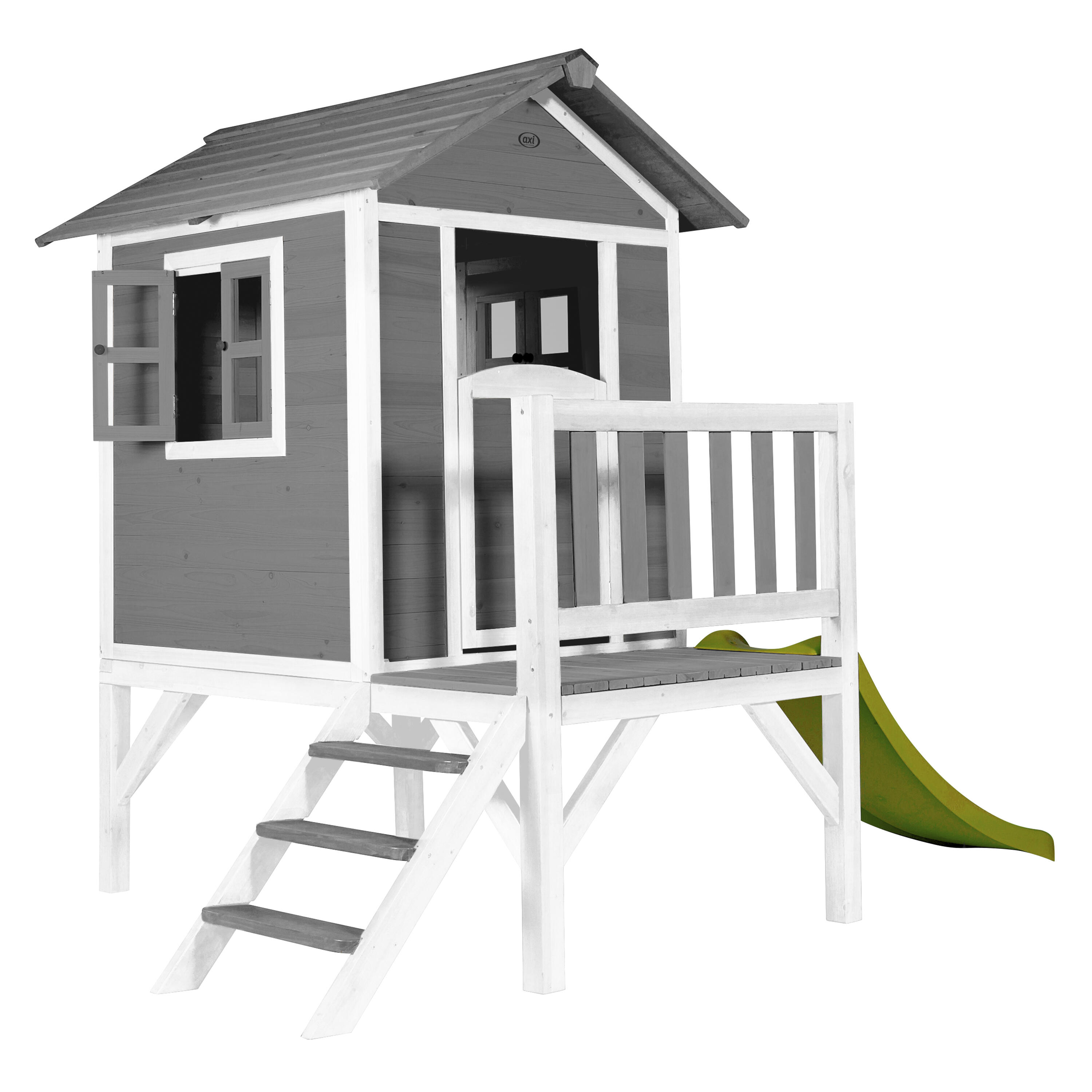 Maisonnette en bois Lodge XL Grise - Toboggan Vert Citron 2/7