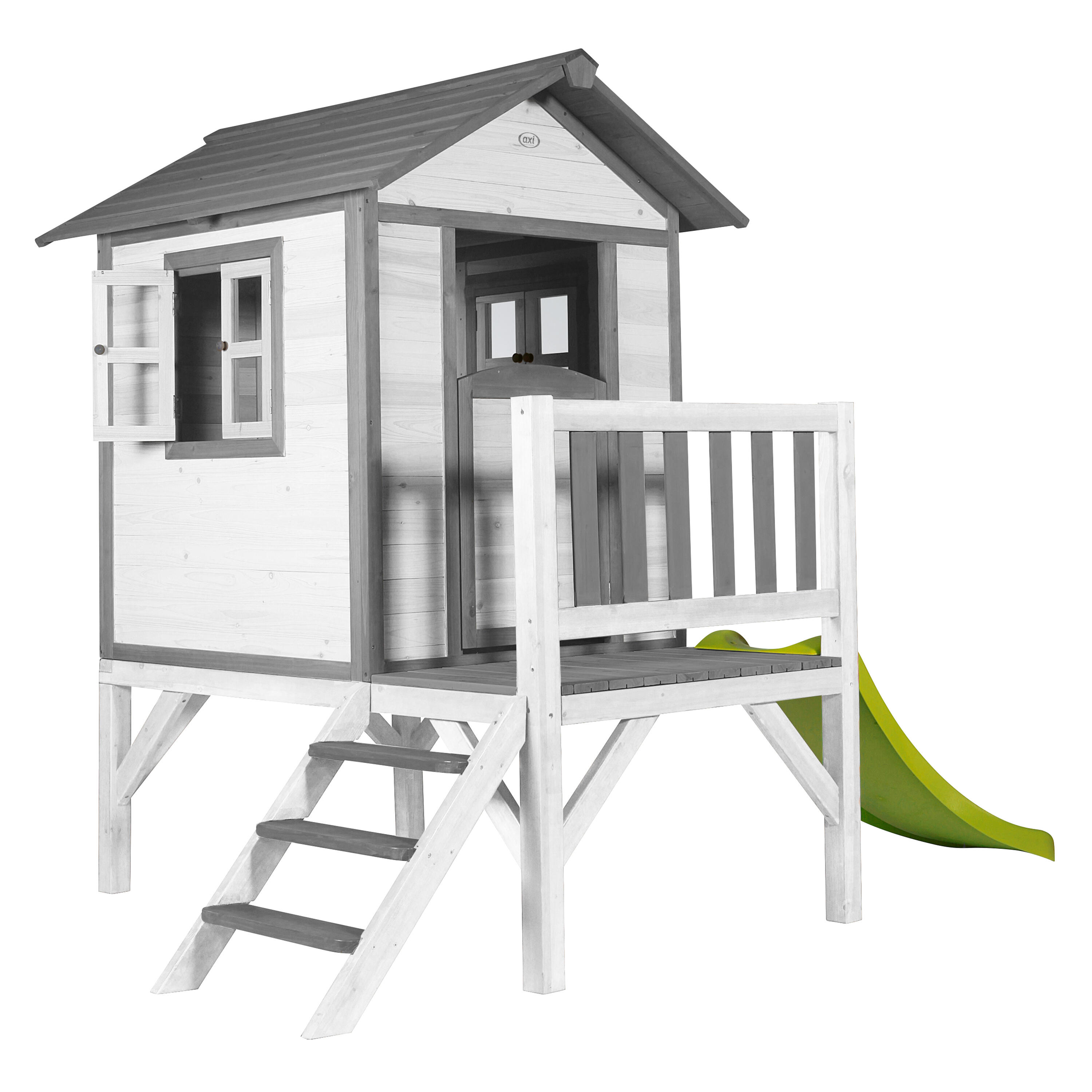 Maisonnette en bois Lodge XL Blanche - Toboggan Vert Citron 2/7
