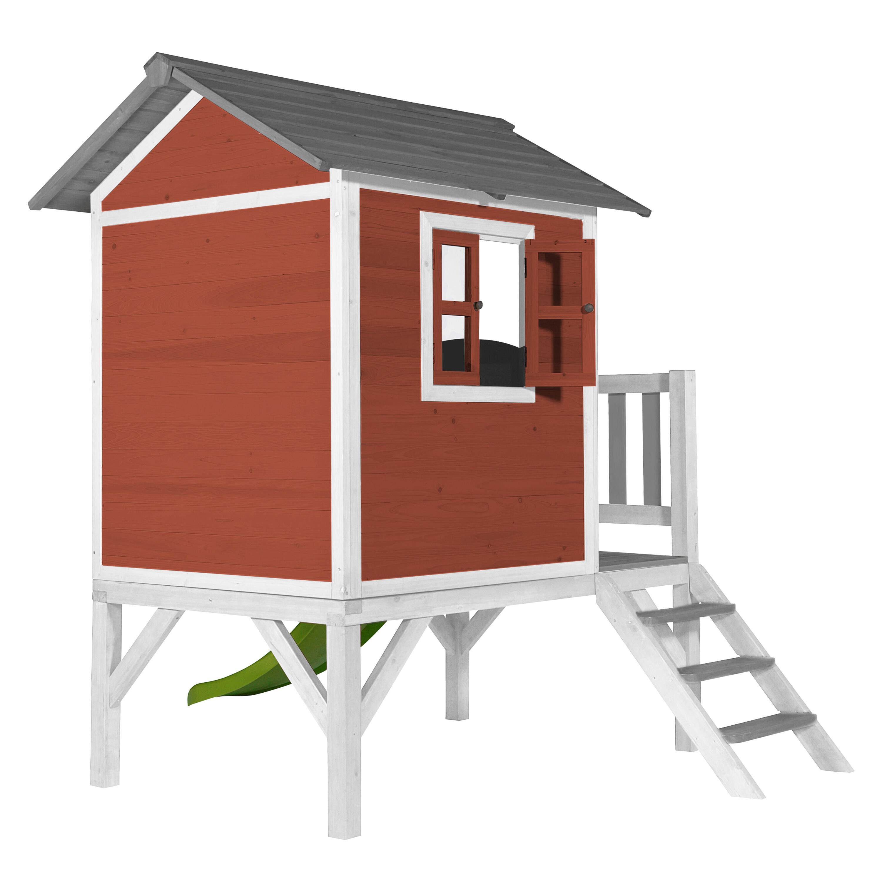 Maisonnette en bois Lodge XL Rouge - Toboggan Vert Citron 5/7
