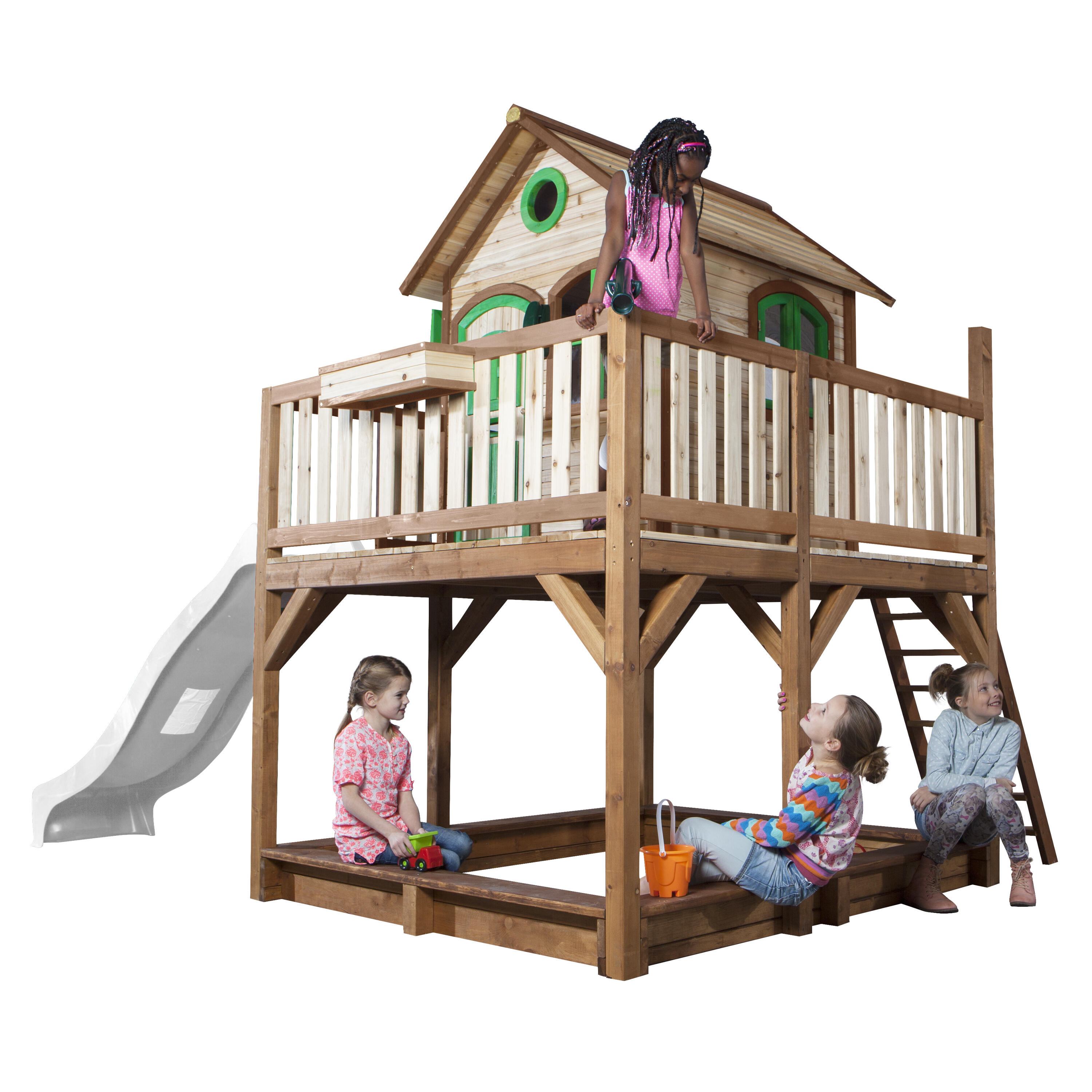 Maisonnette en bois Liam Marron/Verte - Toboggan Blanc 6/7