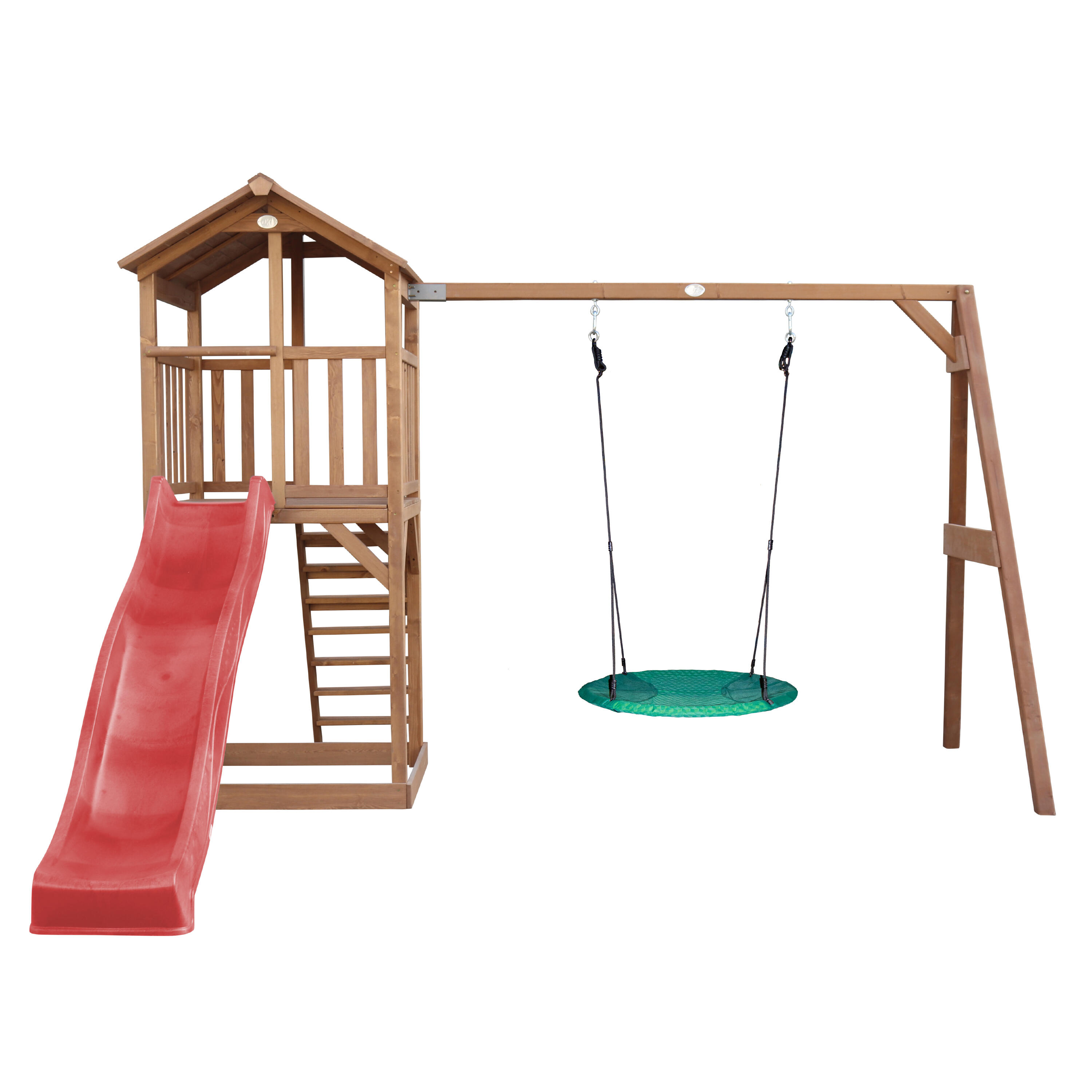 Aire de jeux Beach Tower marron, Toboggan Rouge,  Balançoire Nid d'oiseau 2/7
