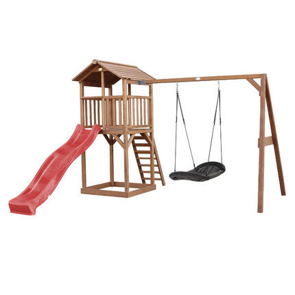 Aire de jeux Beach Tower marron, Toboggan Bleu, Balançoire Nid d'oiseau