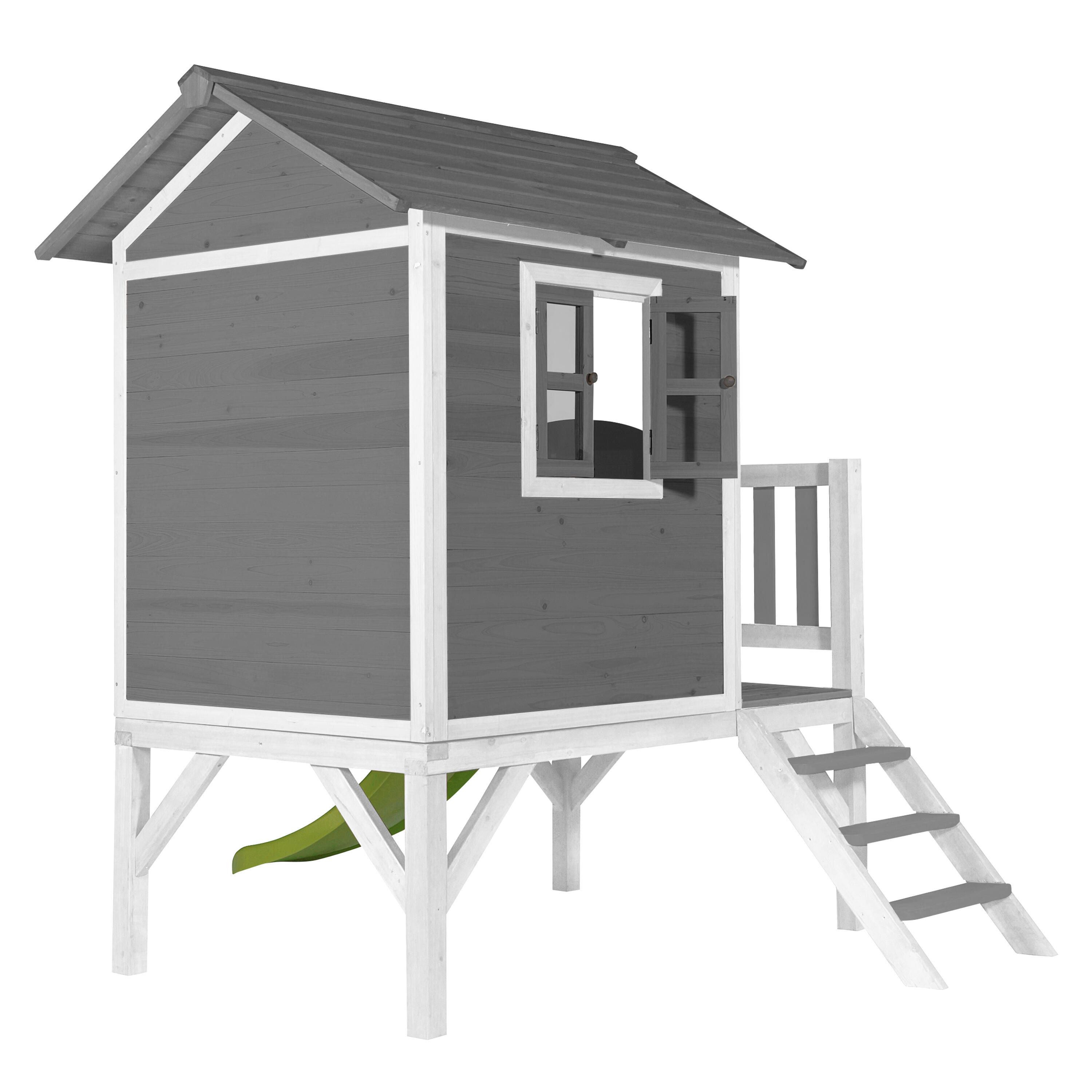 Maisonnette en bois Lodge XL Grise - Toboggan Vert Citron 5/7