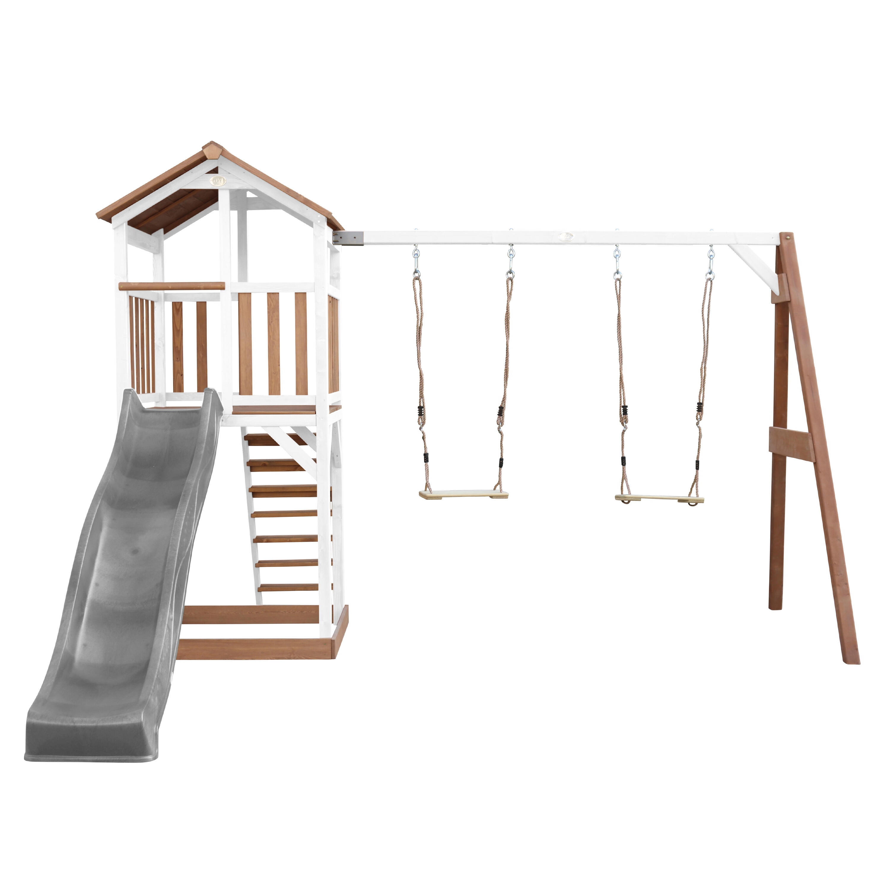 Aire de jeux Beach Tower Marron/Blanche avec 2 Balançoires - Toboggan Gris 5/7