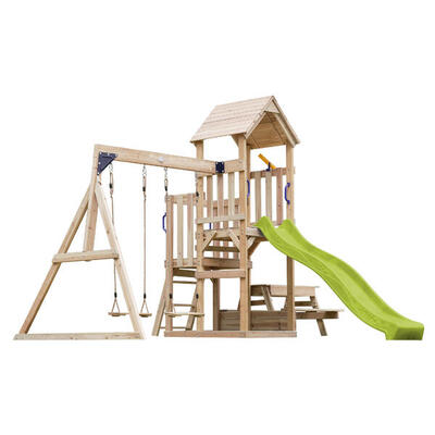 Mette speeltoestel met dubbele schommel van fsc-hout, glijbaan blauw