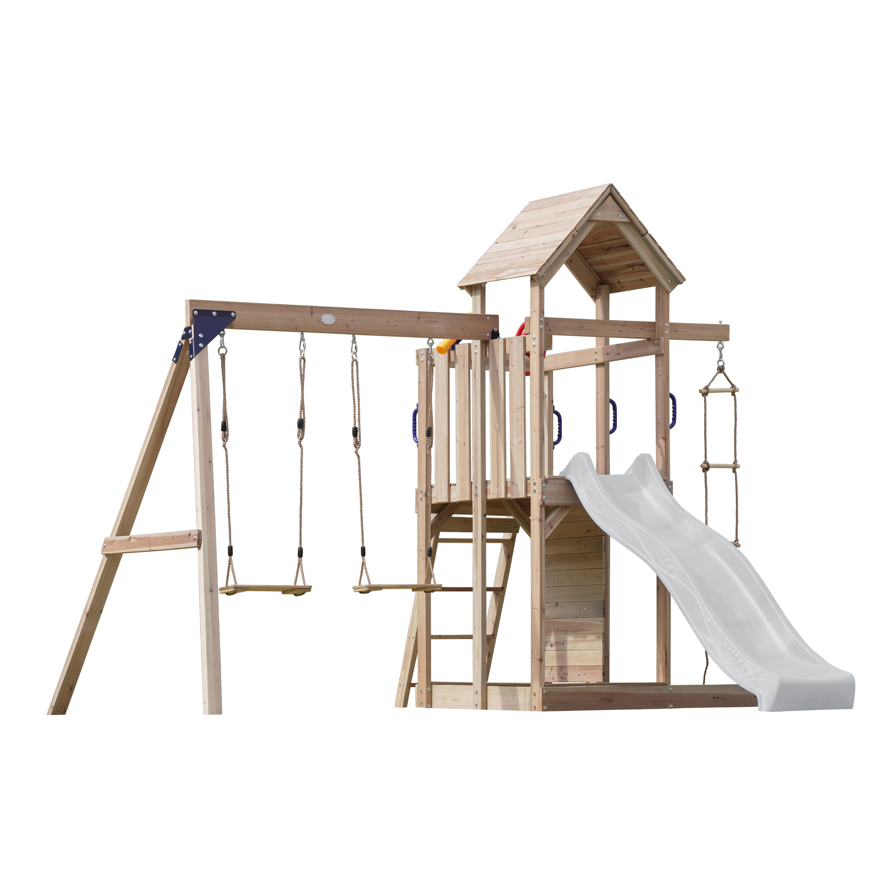 Aire de jeux, Moos avec balançoire double et échelle en corde - toboggan blanc 2/7