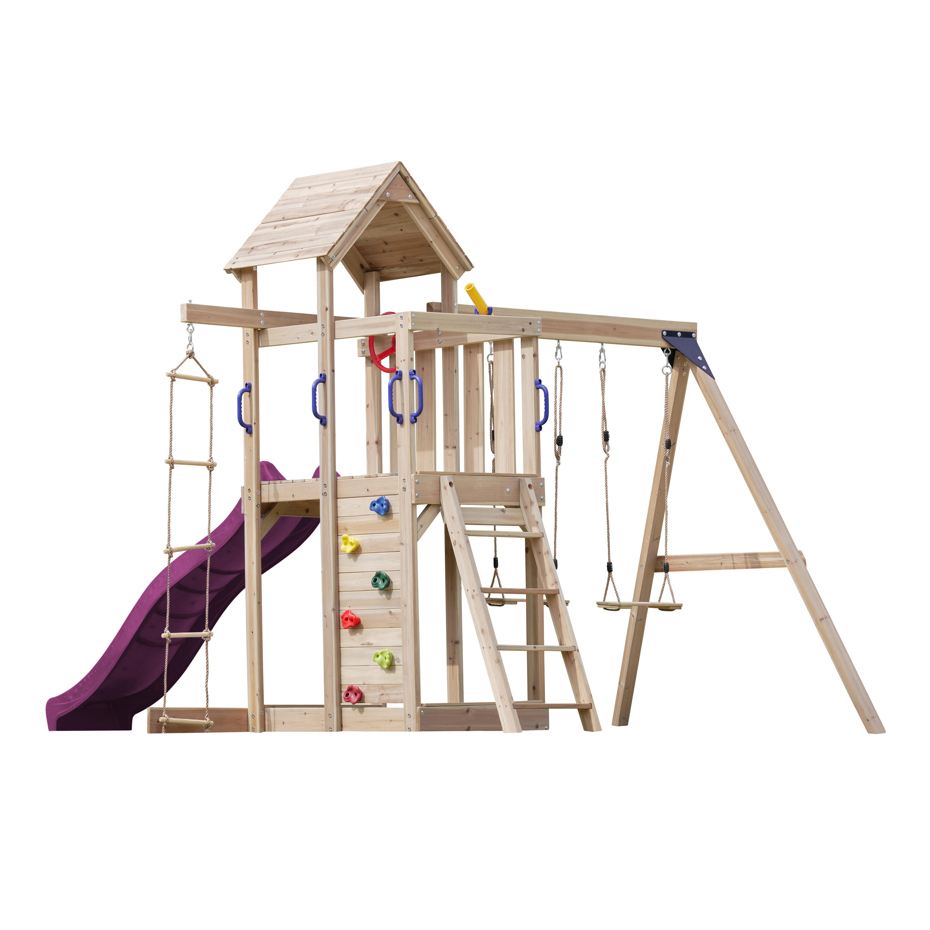 Aire de jeux, Moos avec balançoire double et échelle en corde - toboggan violet 6/7