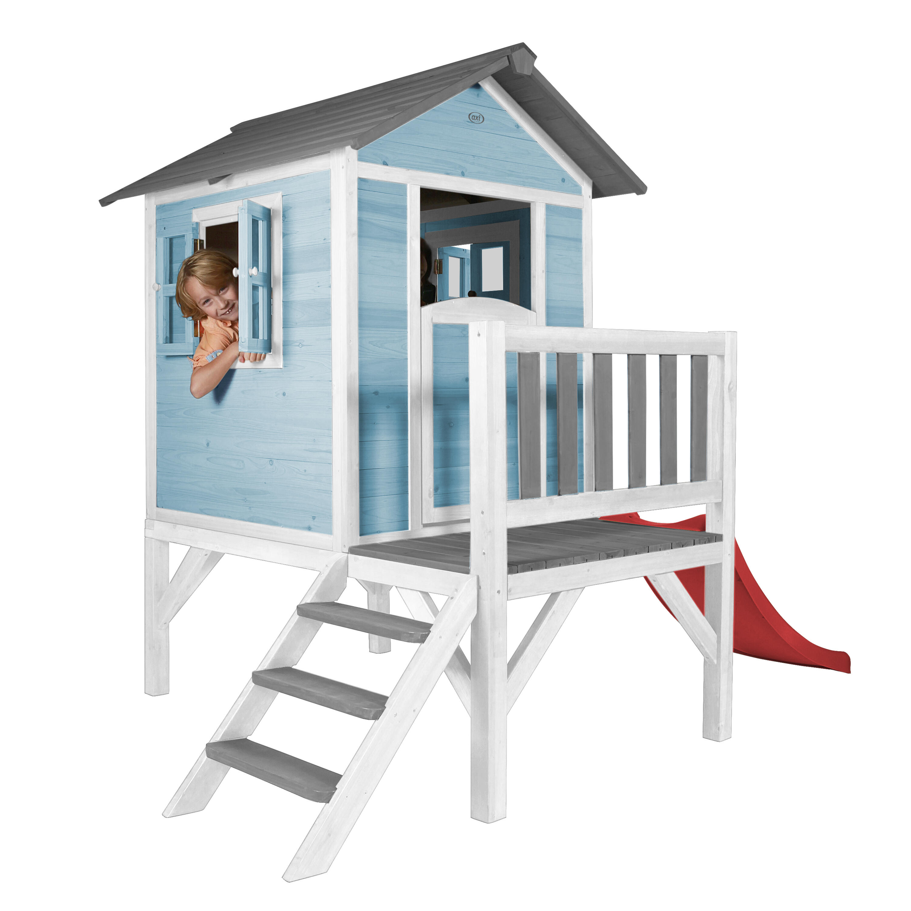 Casetta da giardino per bambini Lodge XL blu - Scivolo rosso 6/7
