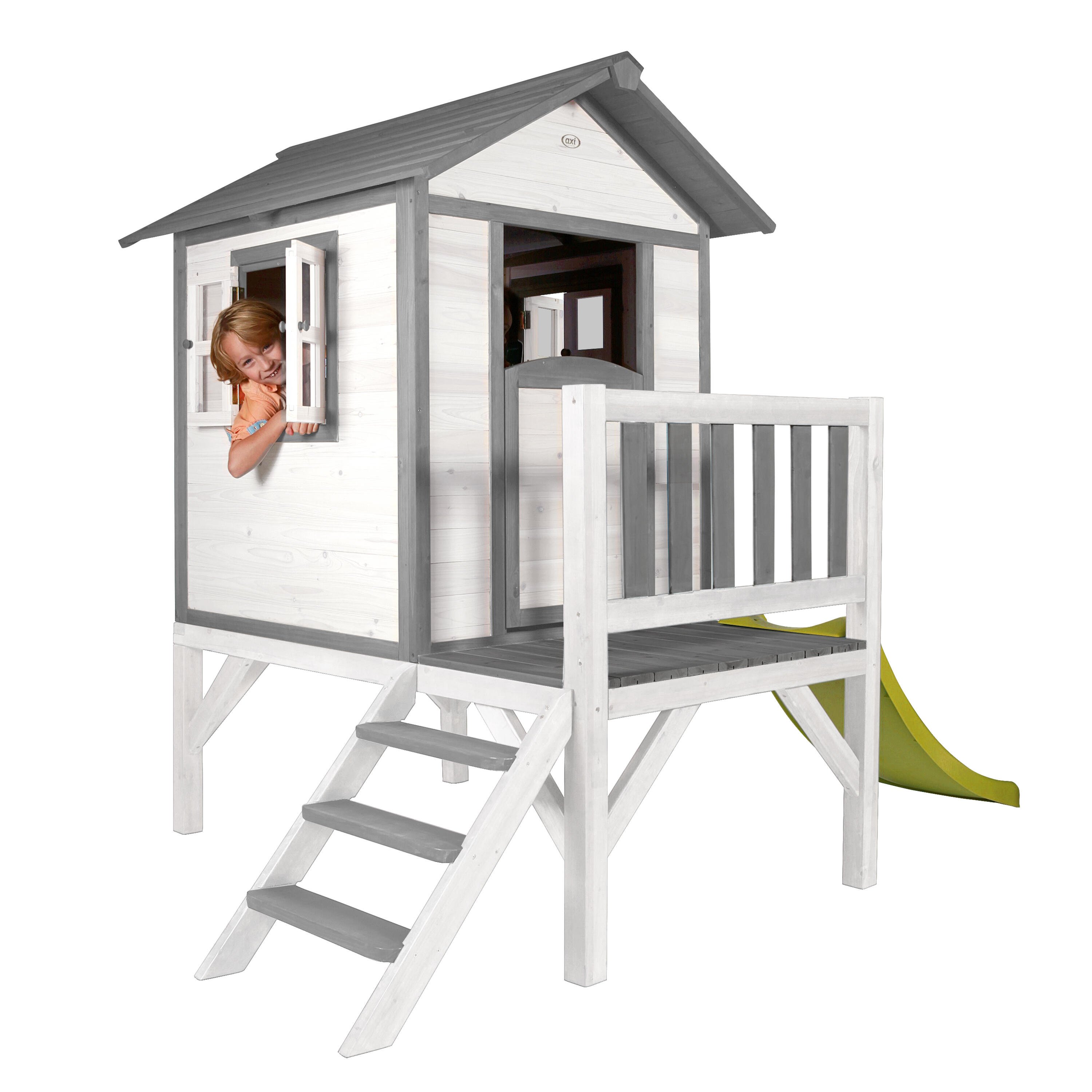 Maisonnette en bois Lodge XL Blanche - Toboggan Vert Citron 6/7
