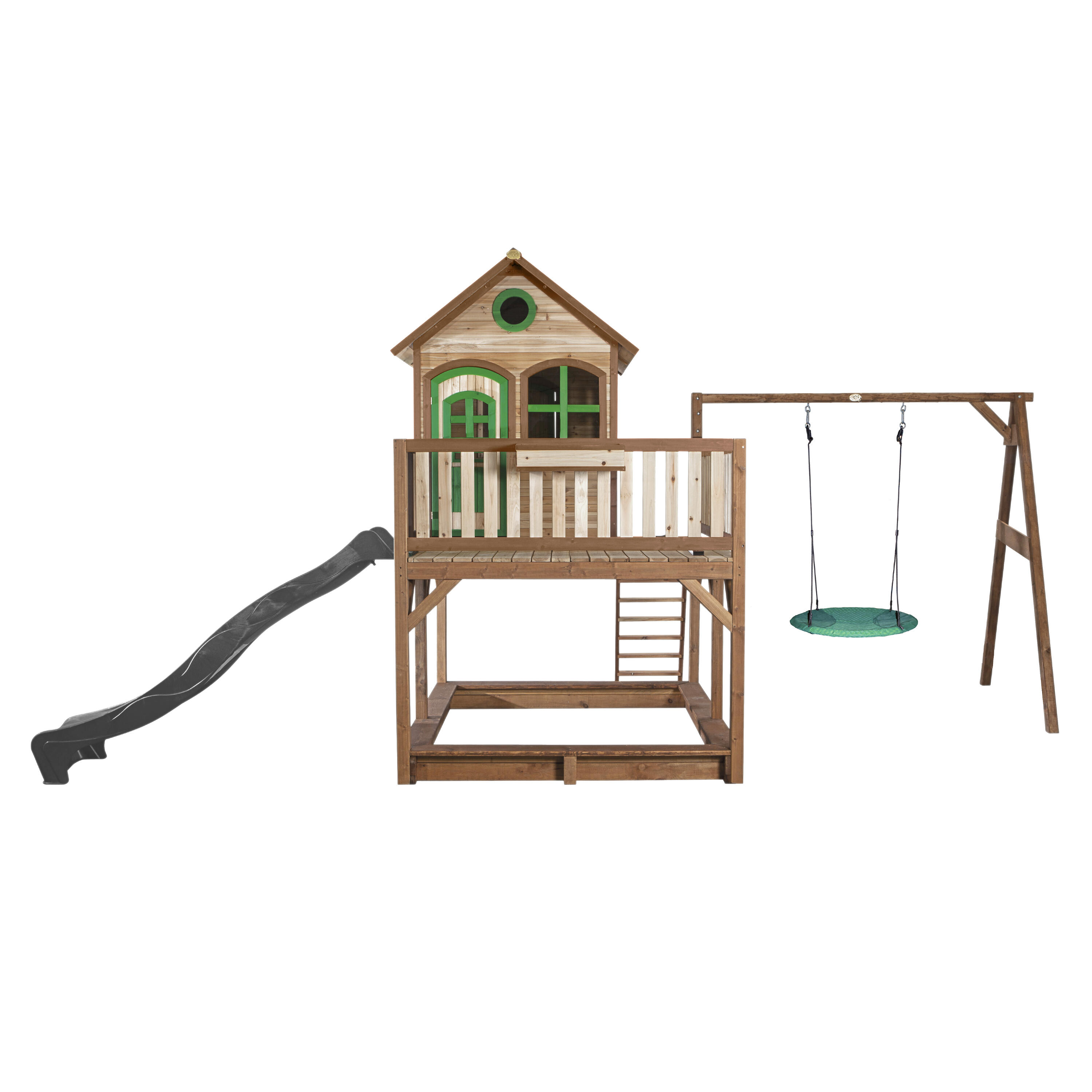 Maisonnette en bois Liam, Bac à Sable, Balançoire et Toboggan Gris 2/7