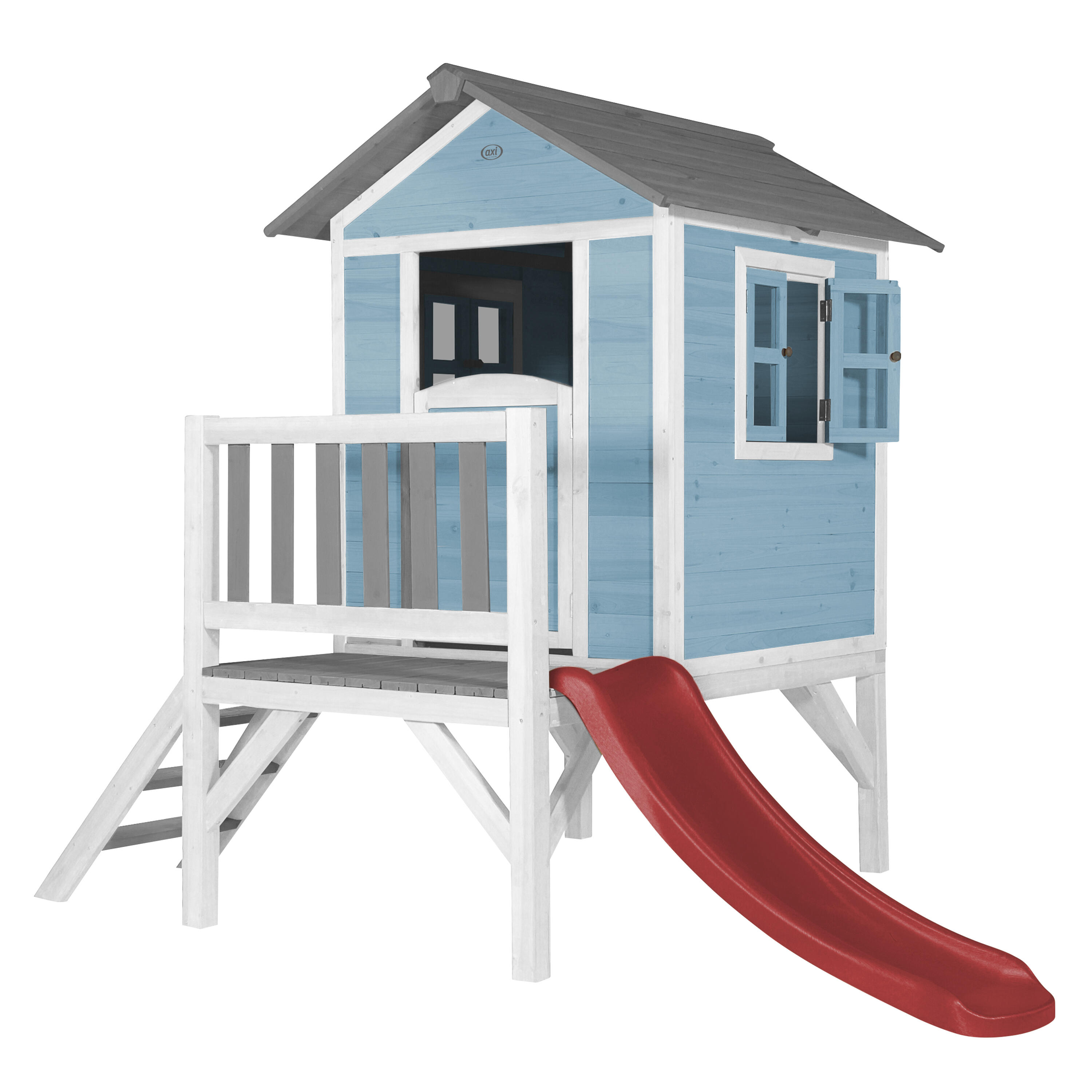 AXI AXI Beach Lodge XL Casa de madera para niños, azul , tobogán rojo