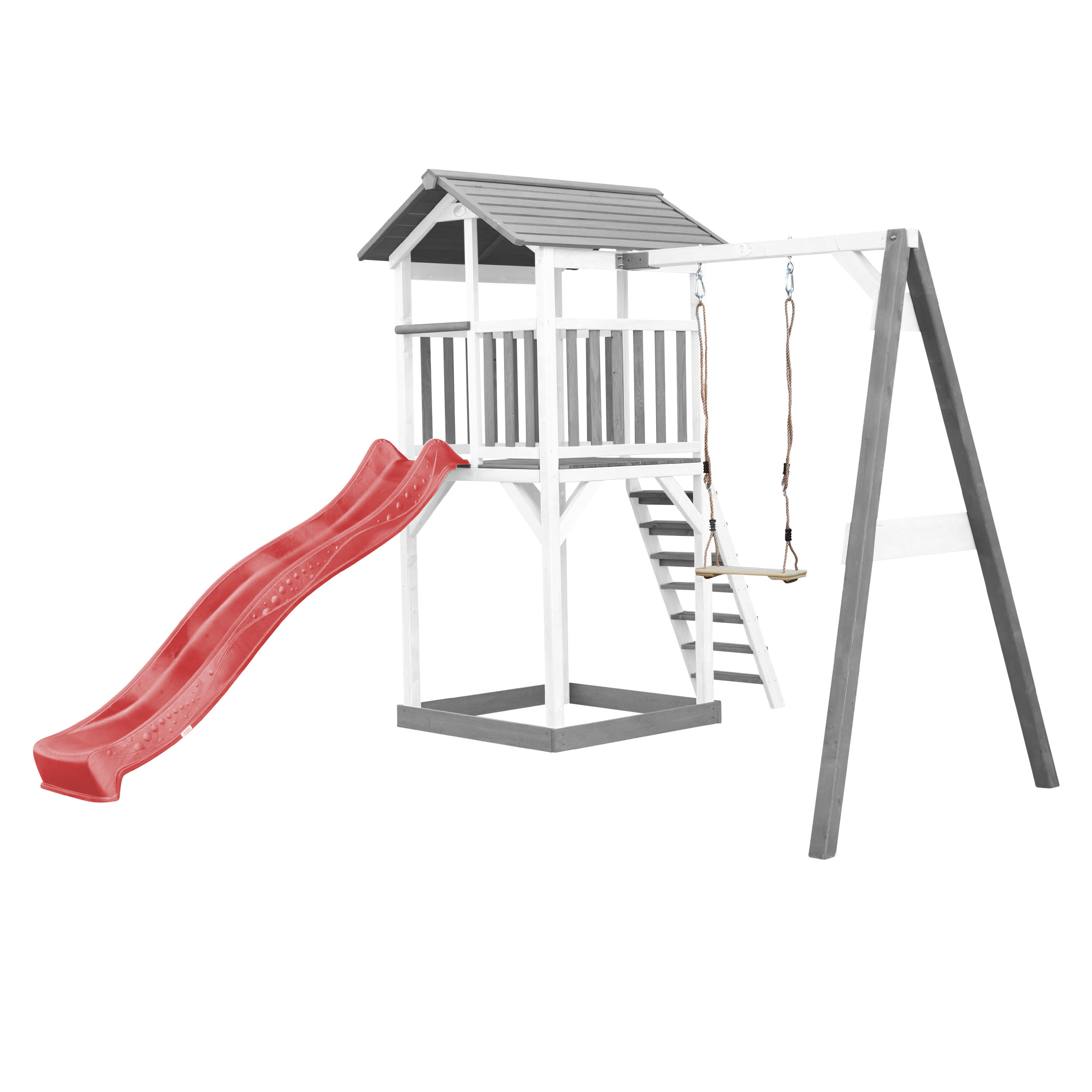 Aire de jeux Beach Tower Grise/Blanche avec 1 Balançoire - Toboggan Rouge 2/7