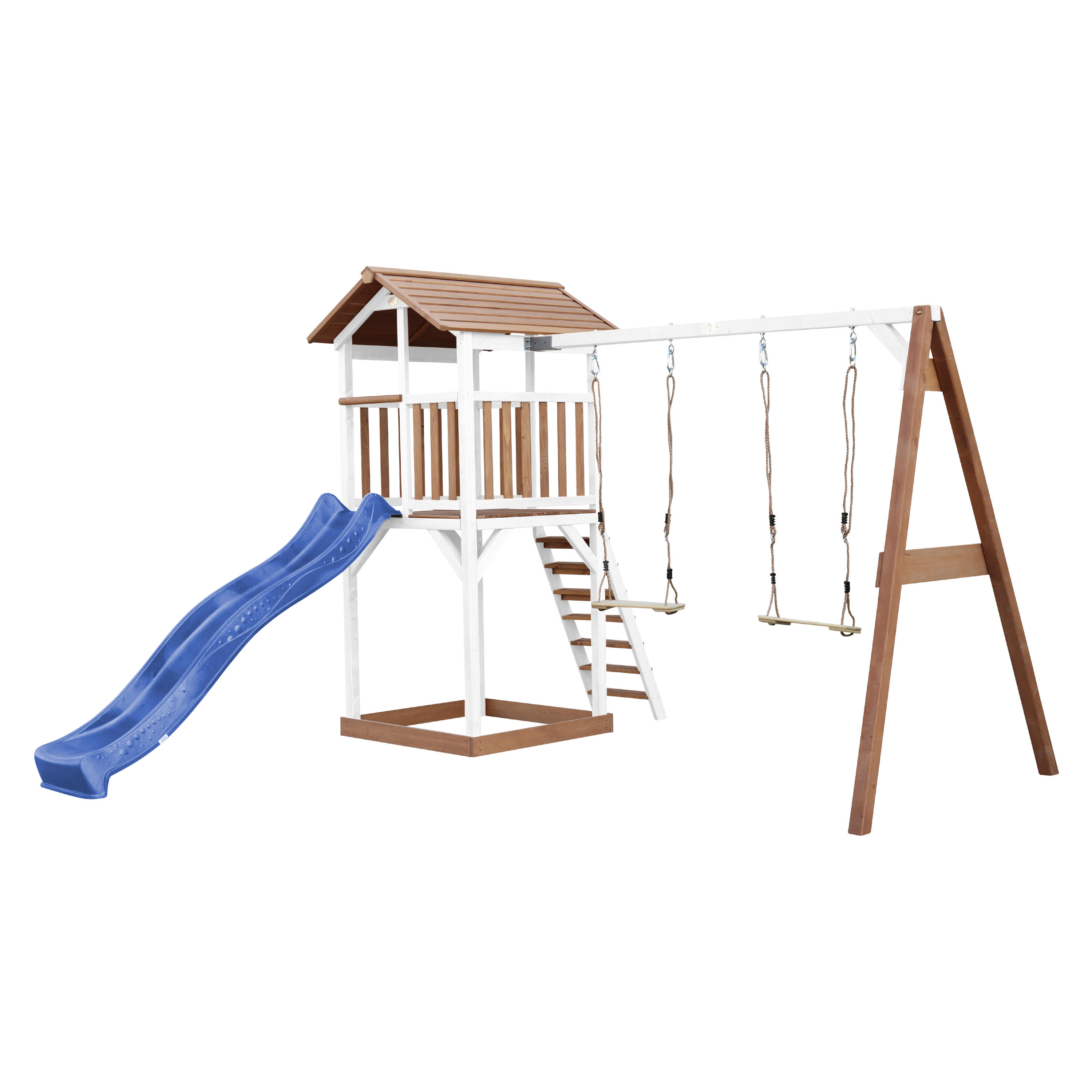 Aire de jeux Beach Tower Marron/Blanche avec 2 Balançoires - Toboggan Bleu 2/7
