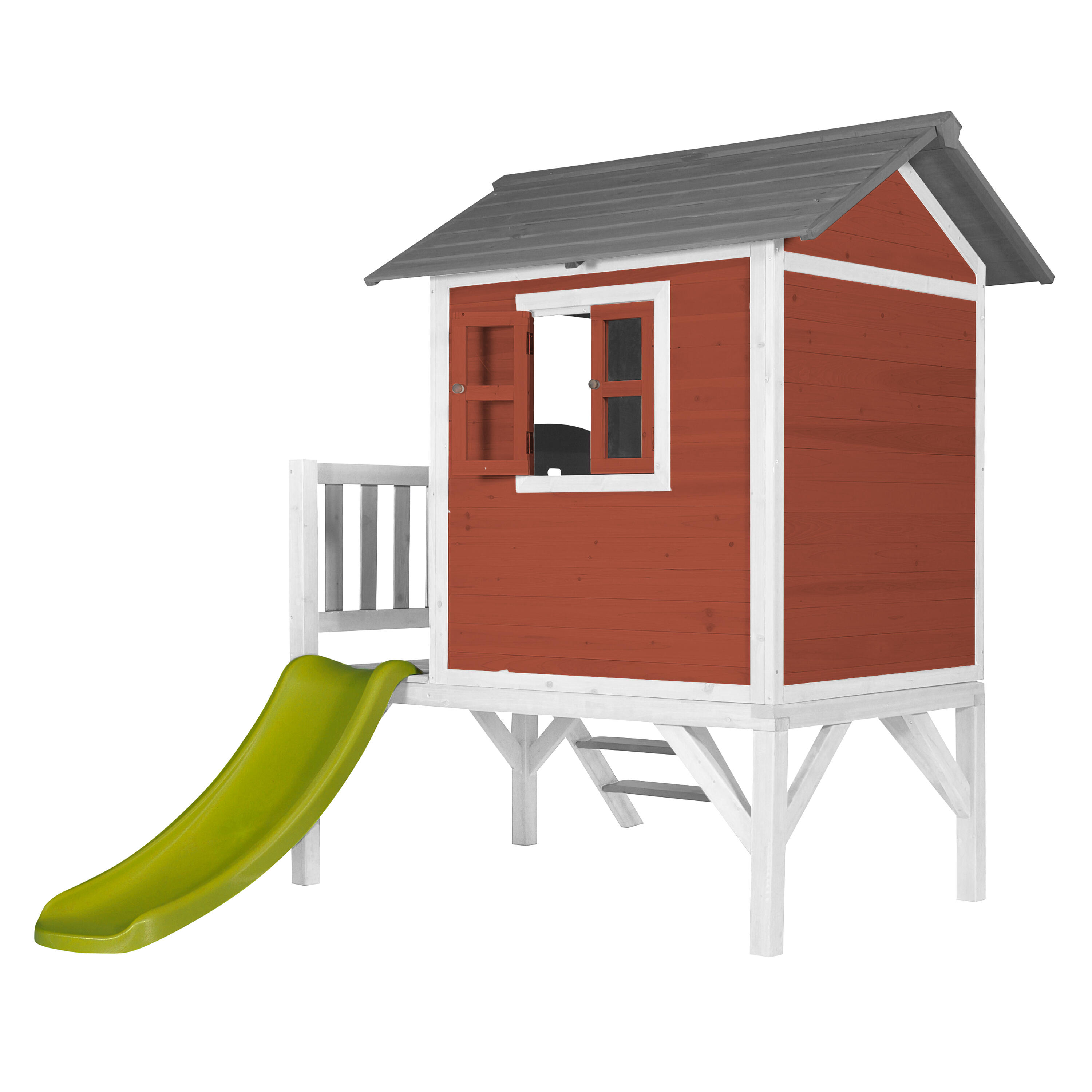 Maisonnette en bois Lodge XL Rouge - Toboggan Vert Citron 4/7