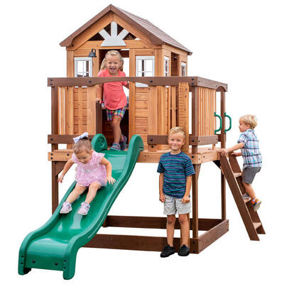 Beacon heights speelhuis met glijbaan, speelkeuken, hout, bruin