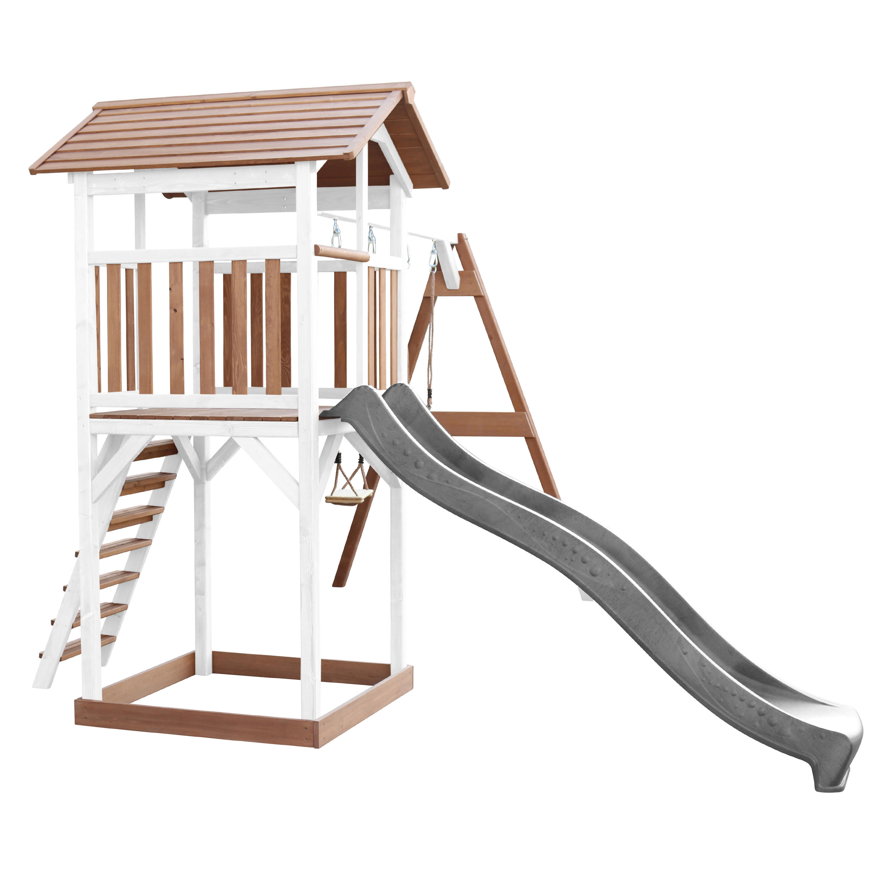 Aire de jeux Beach Tower Marron/Blanche avec 2 Balançoires - Toboggan Gris 6/7