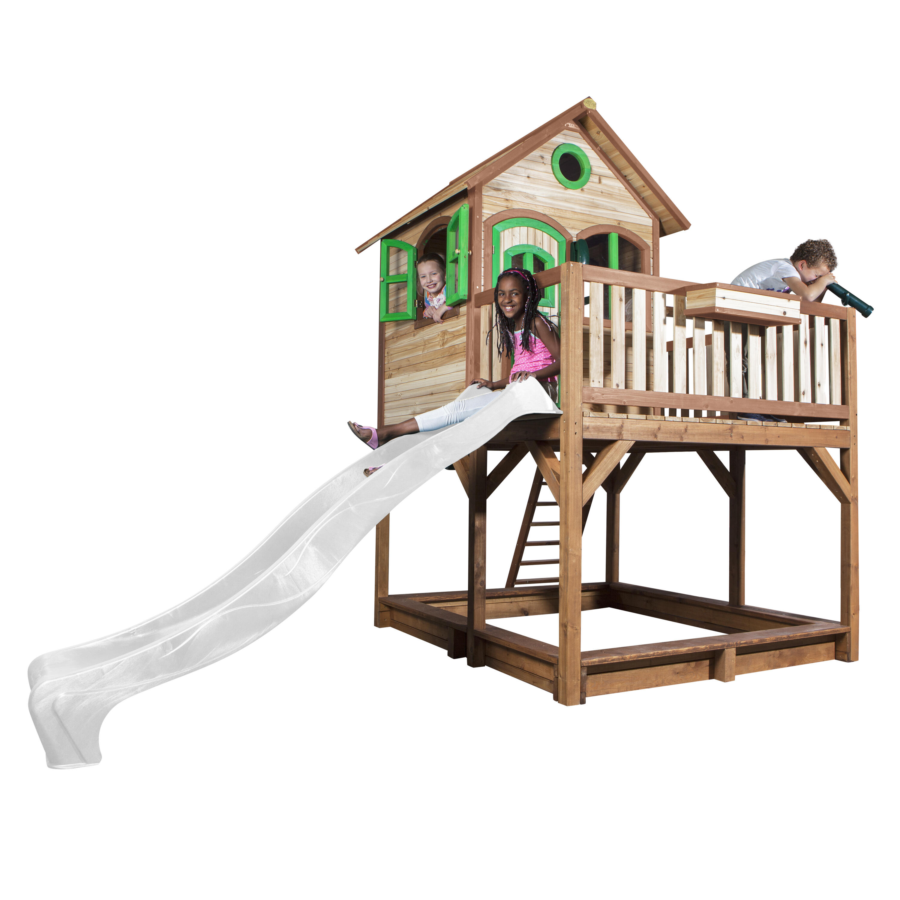 Maisonnette en bois Liam Marron/Verte - Toboggan Blanc 7/7