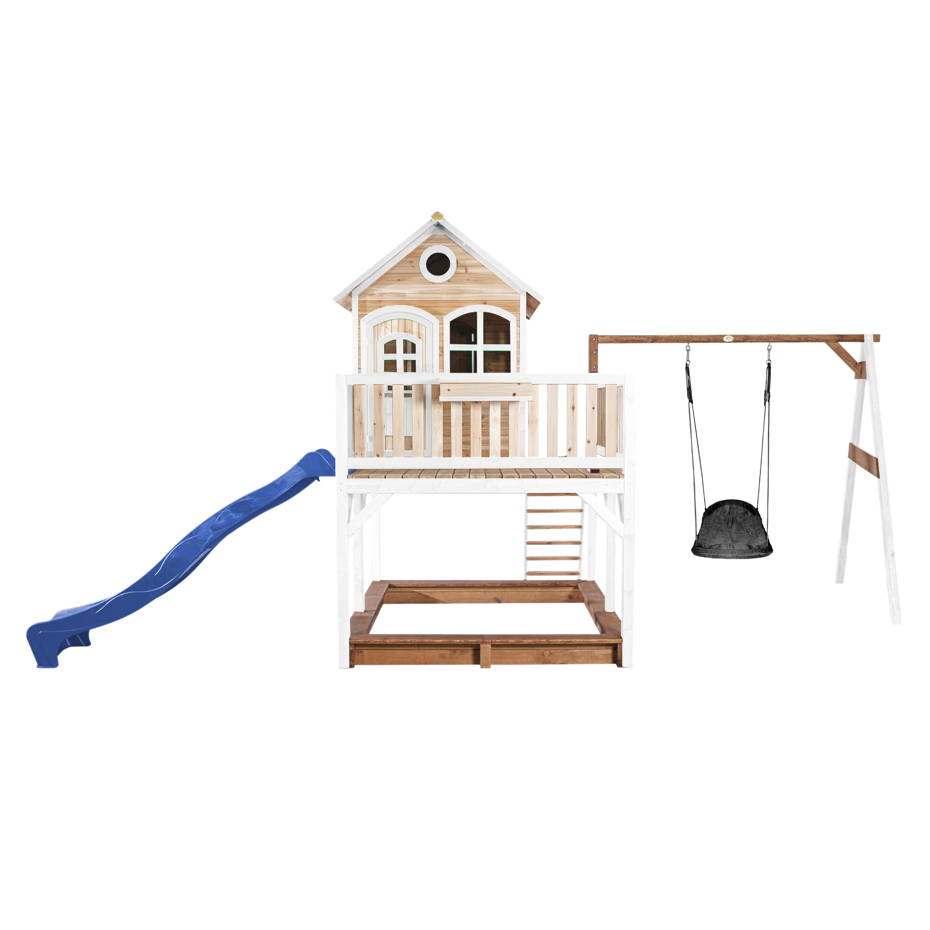 Maisonnette en bois Liam, Bac à Sable, Balançoire et Toboggan Blanc 2/7