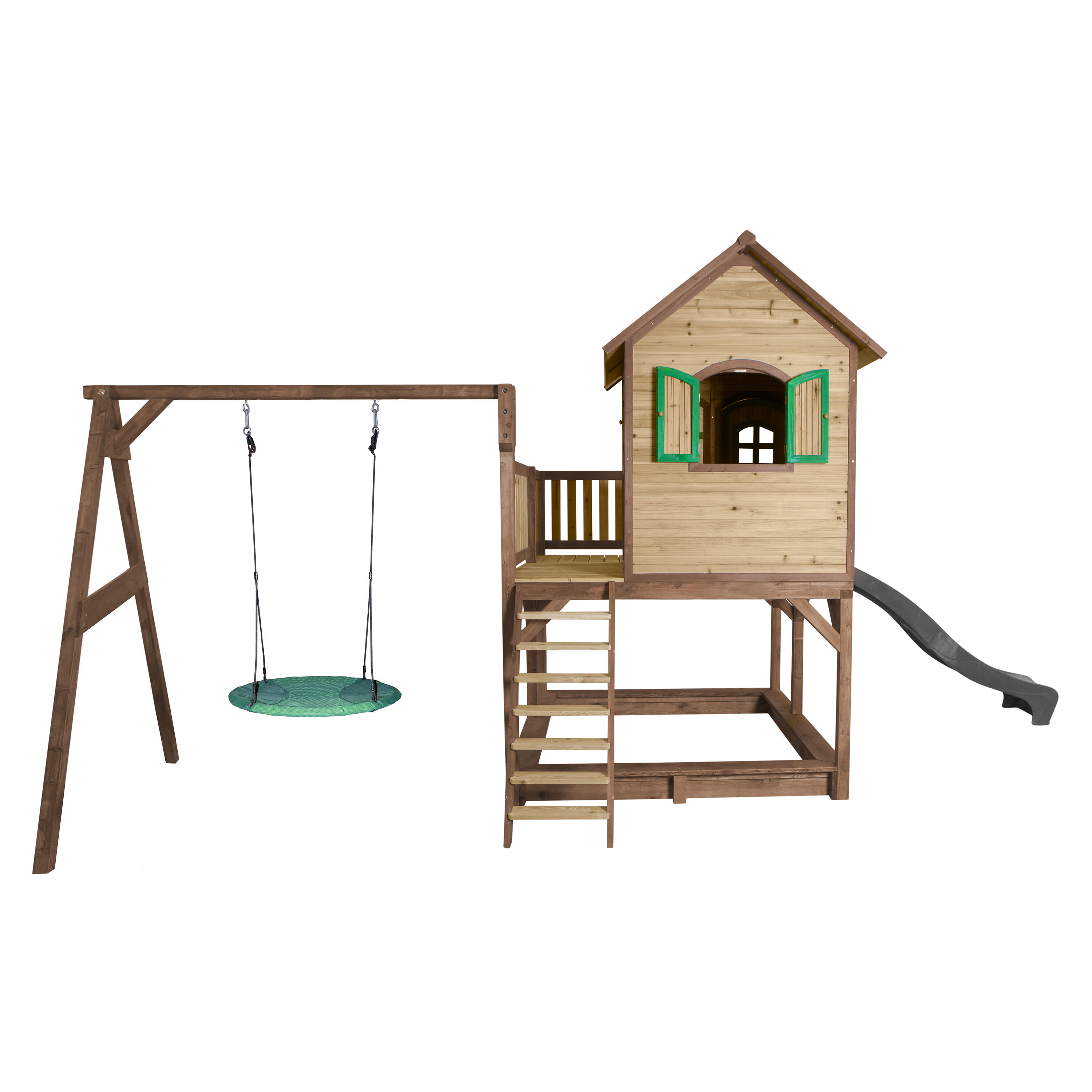 Maisonnette en bois Liam, Bac à Sable, Balançoire et Toboggan Gris 5/7
