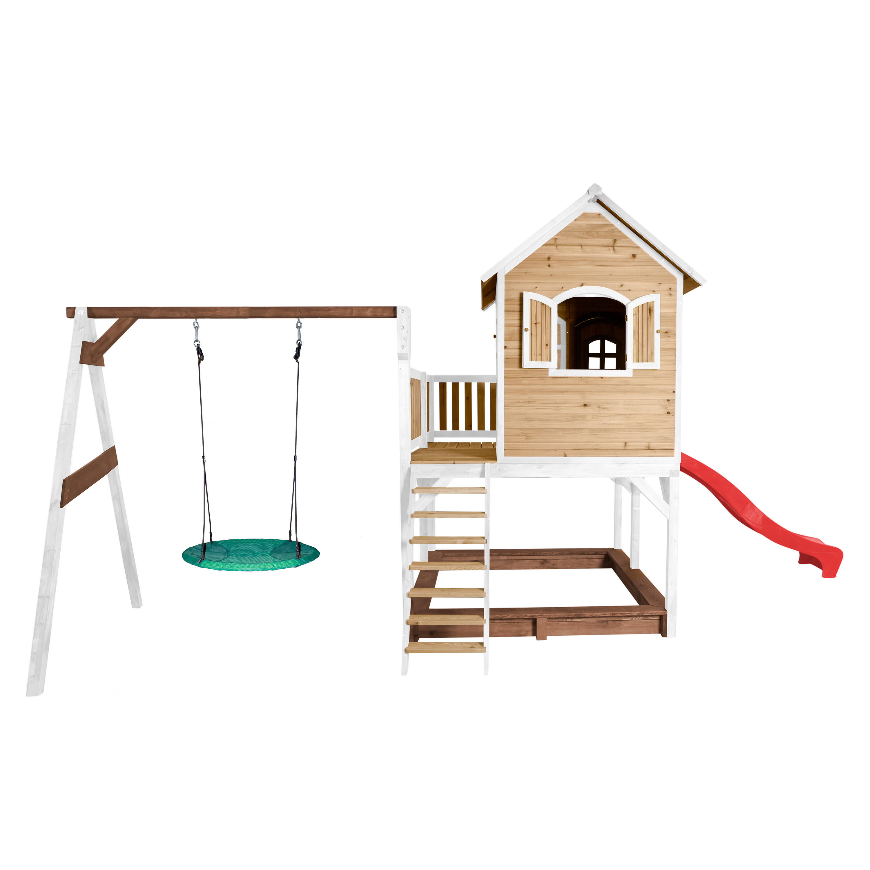Casita de madera Liam, arenero, columpio tipo nido y tobogán rojo 5/7