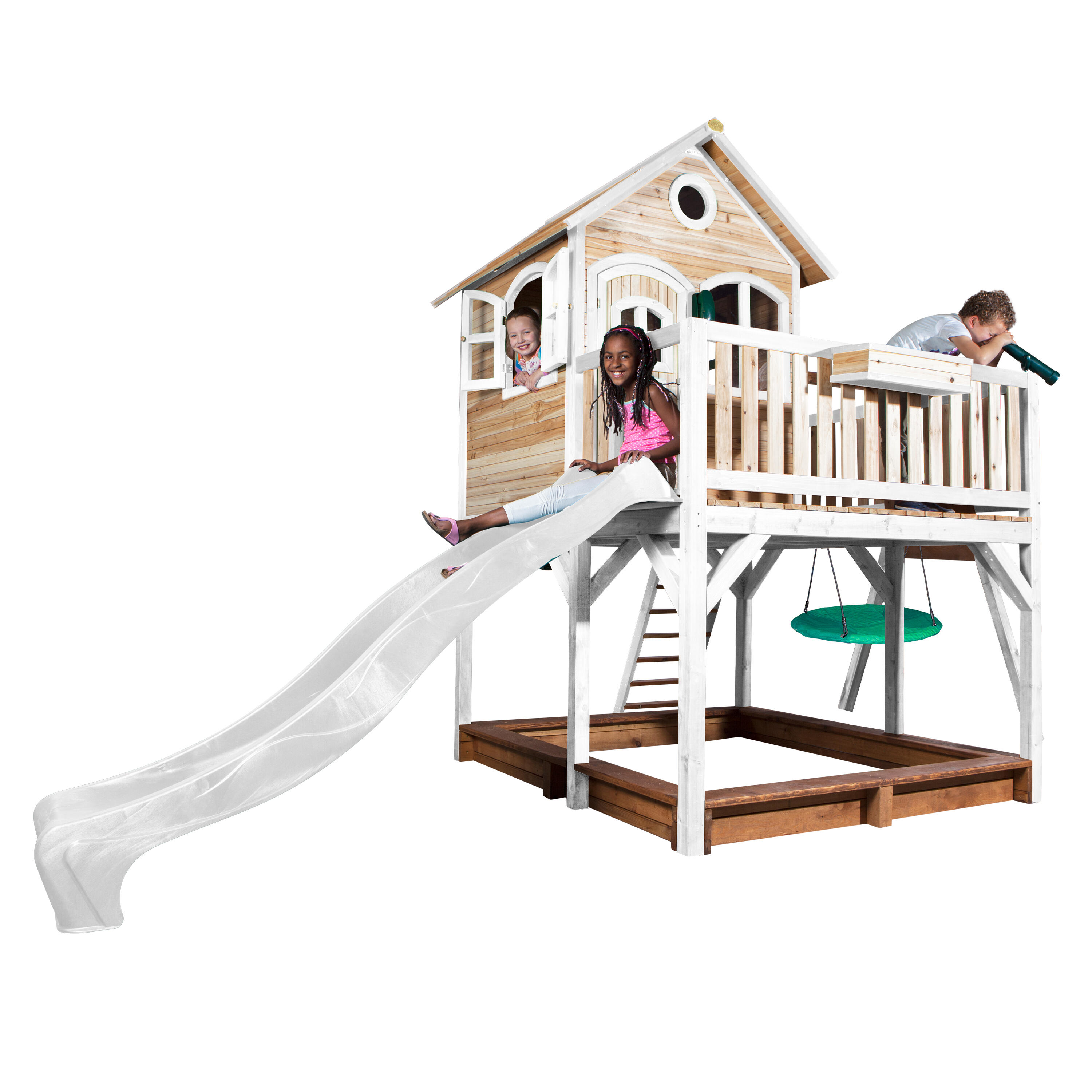 Maisonnette en bois Liam,Bac à Sable, Balançoire Nid d’Oiseau, Toboggan Blanc 7/7
