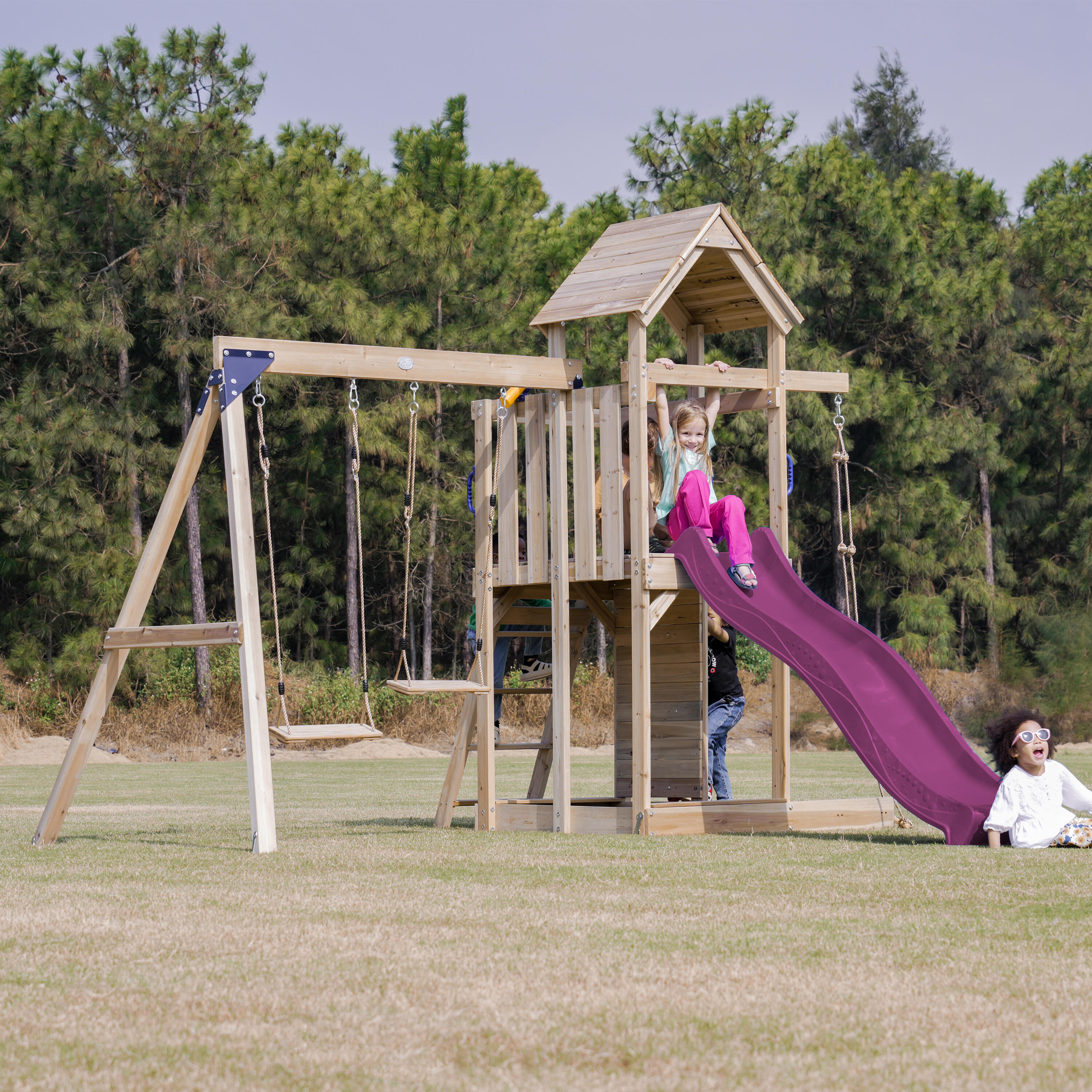 Aire de jeux, Moos avec balançoire double et échelle en corde - toboggan violet 4/7