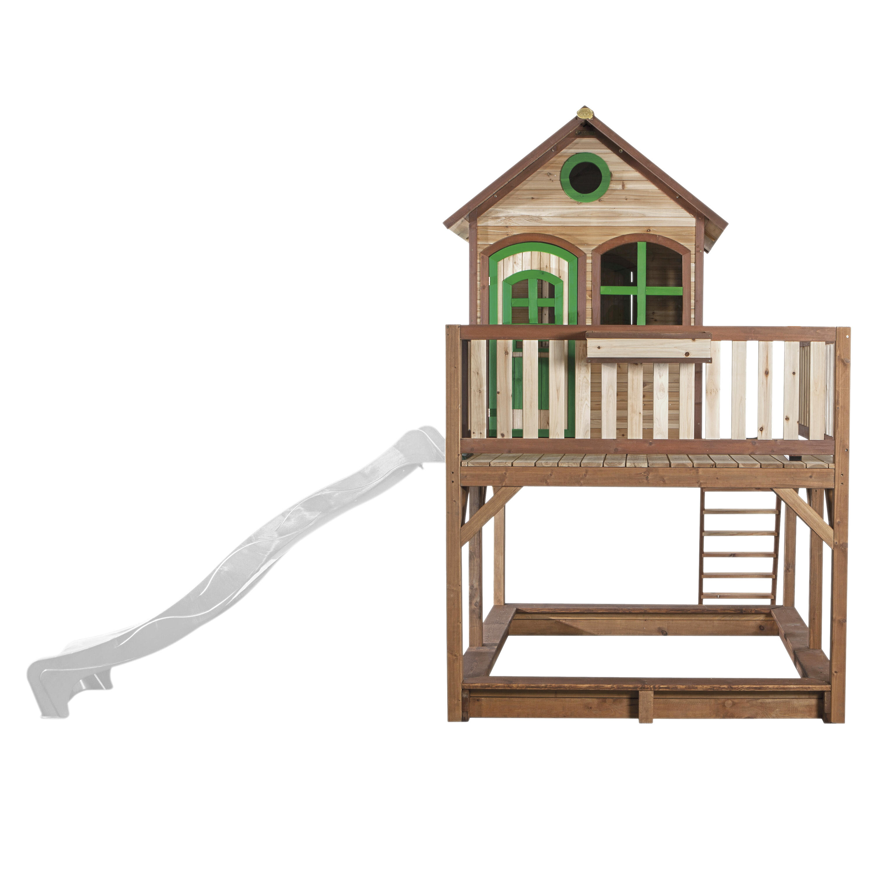 Maisonnette en bois Liam Marron/Verte - Toboggan Blanc 2/7