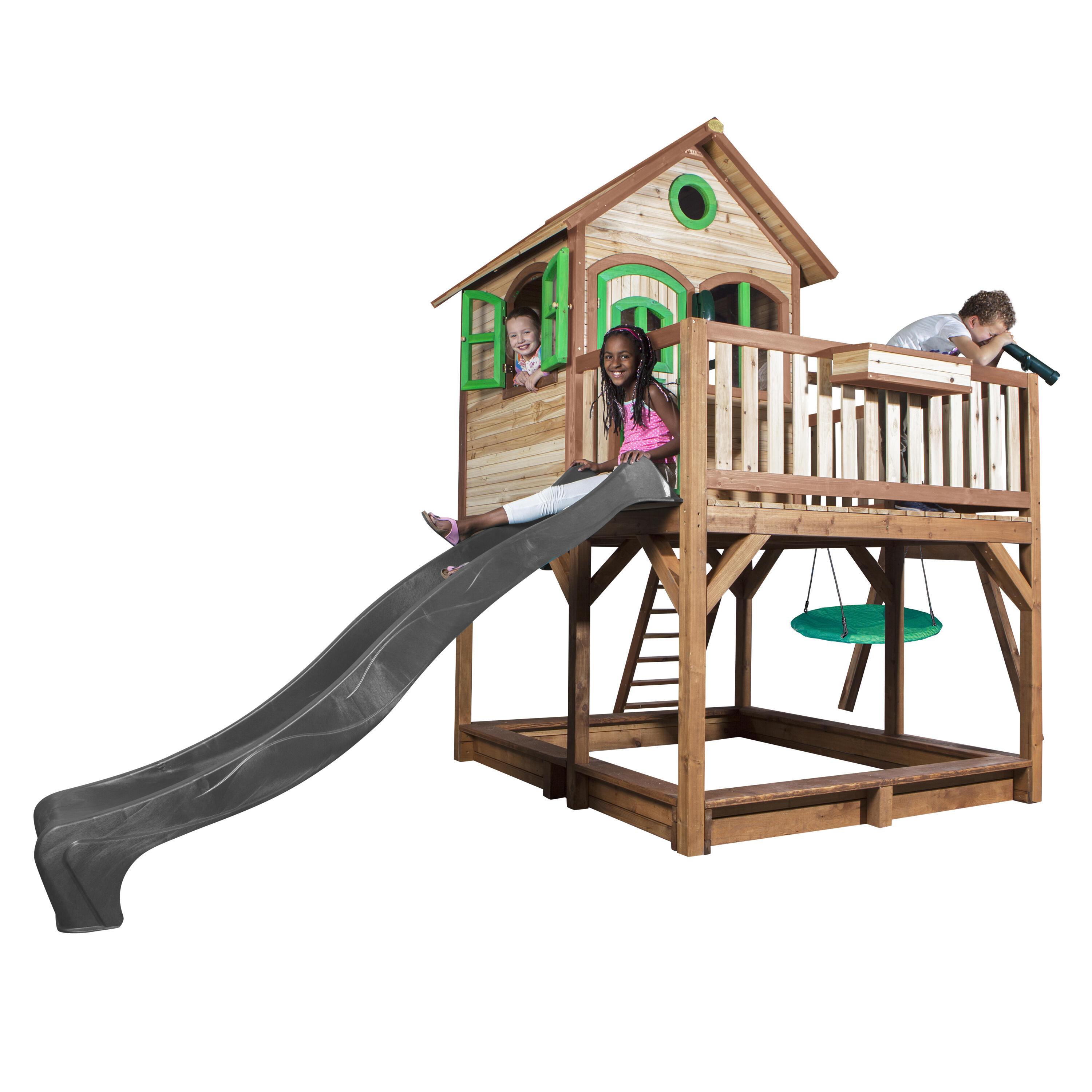 Maisonnette en bois Liam, Bac à Sable, Balançoire et Toboggan Gris 7/7