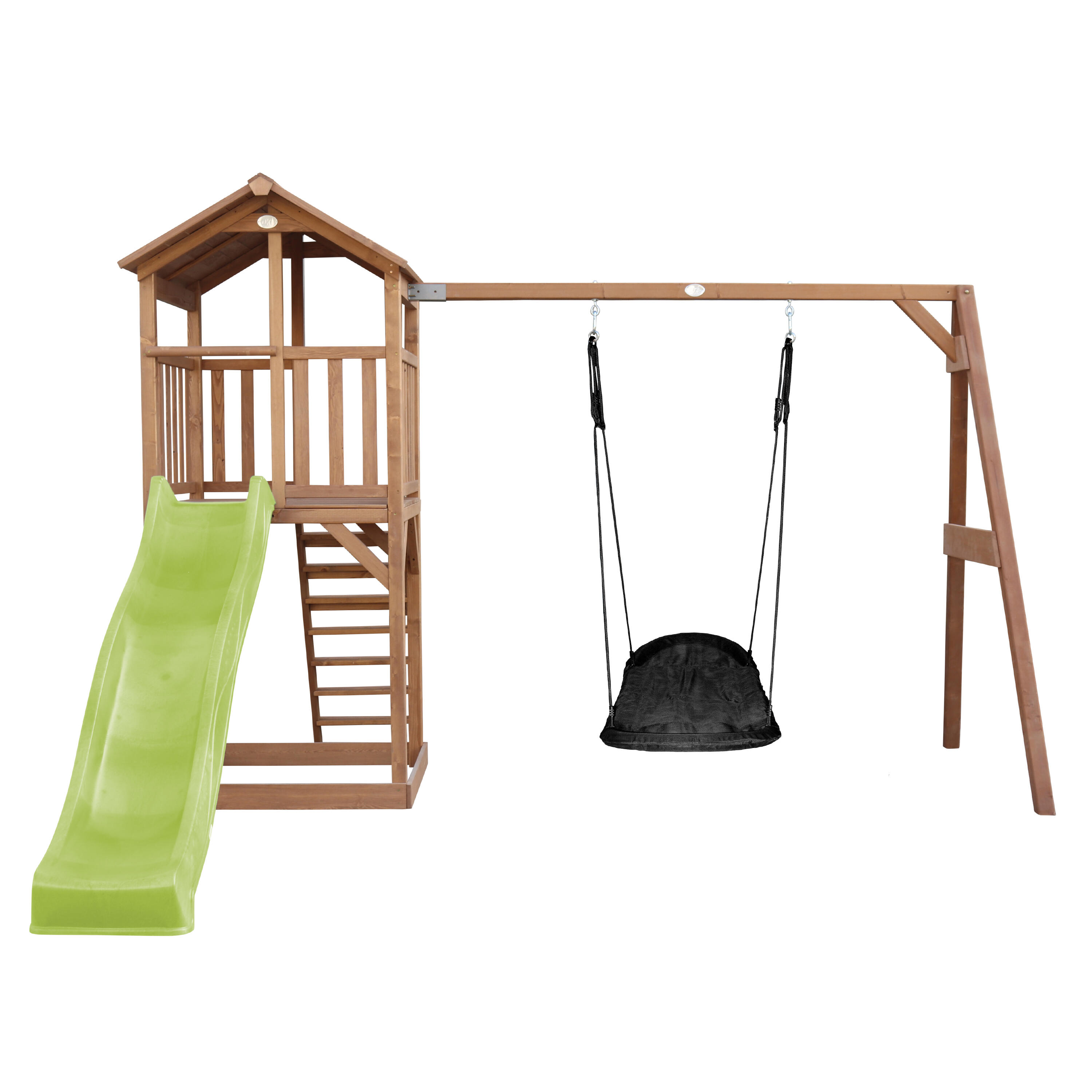 Aire de jeux Beach Tower marron, Toboggan Jaune,  Balançoire Nid d'oiseau 2/7