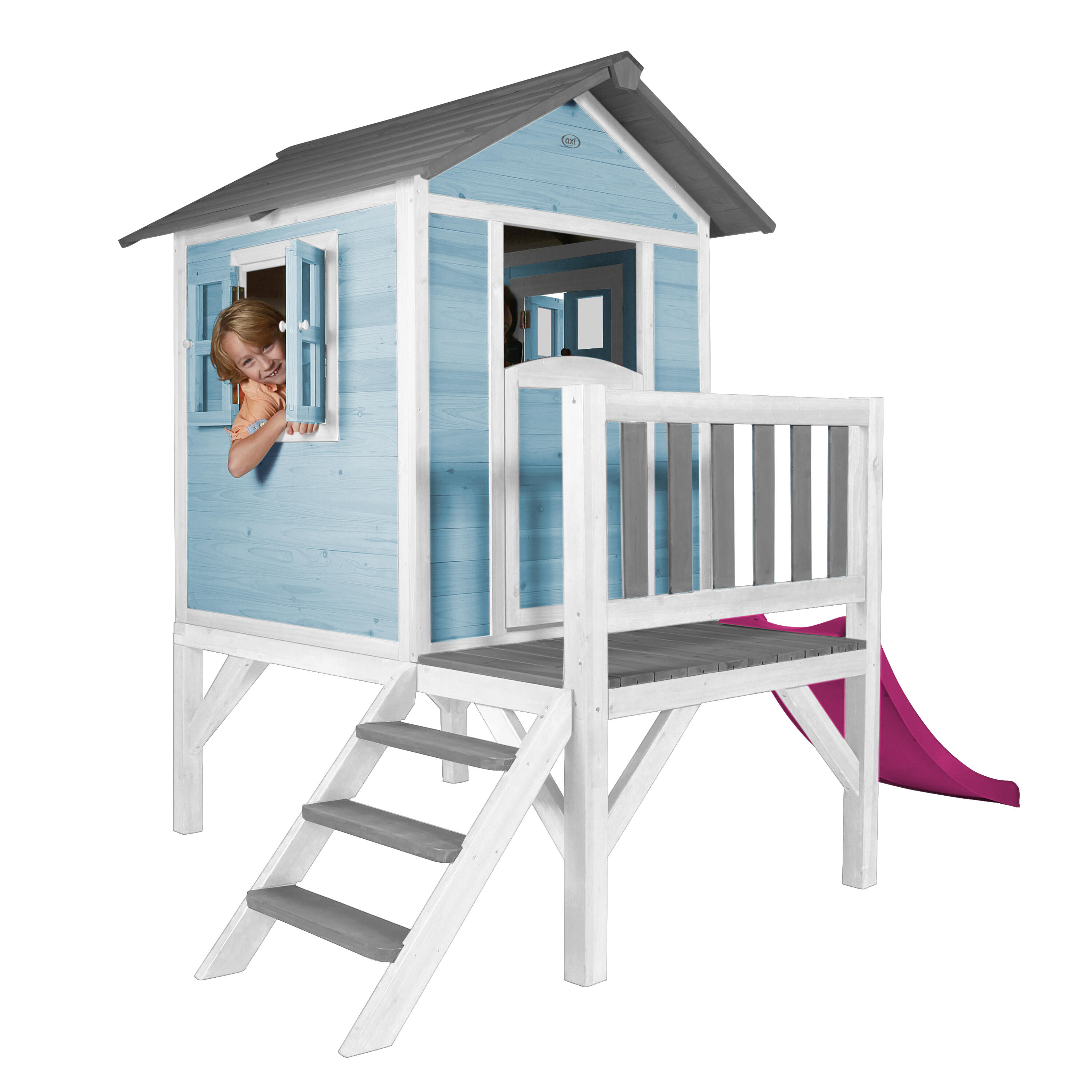 Maisonnette en bois Lodge XL Bleue - Toboggan Violet 6/7