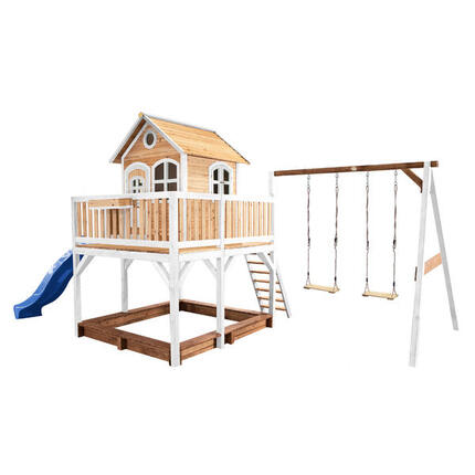 Maisonnette en bois Liam Marron/Blanche avec 2 Balançoires - Toboggan Rouge