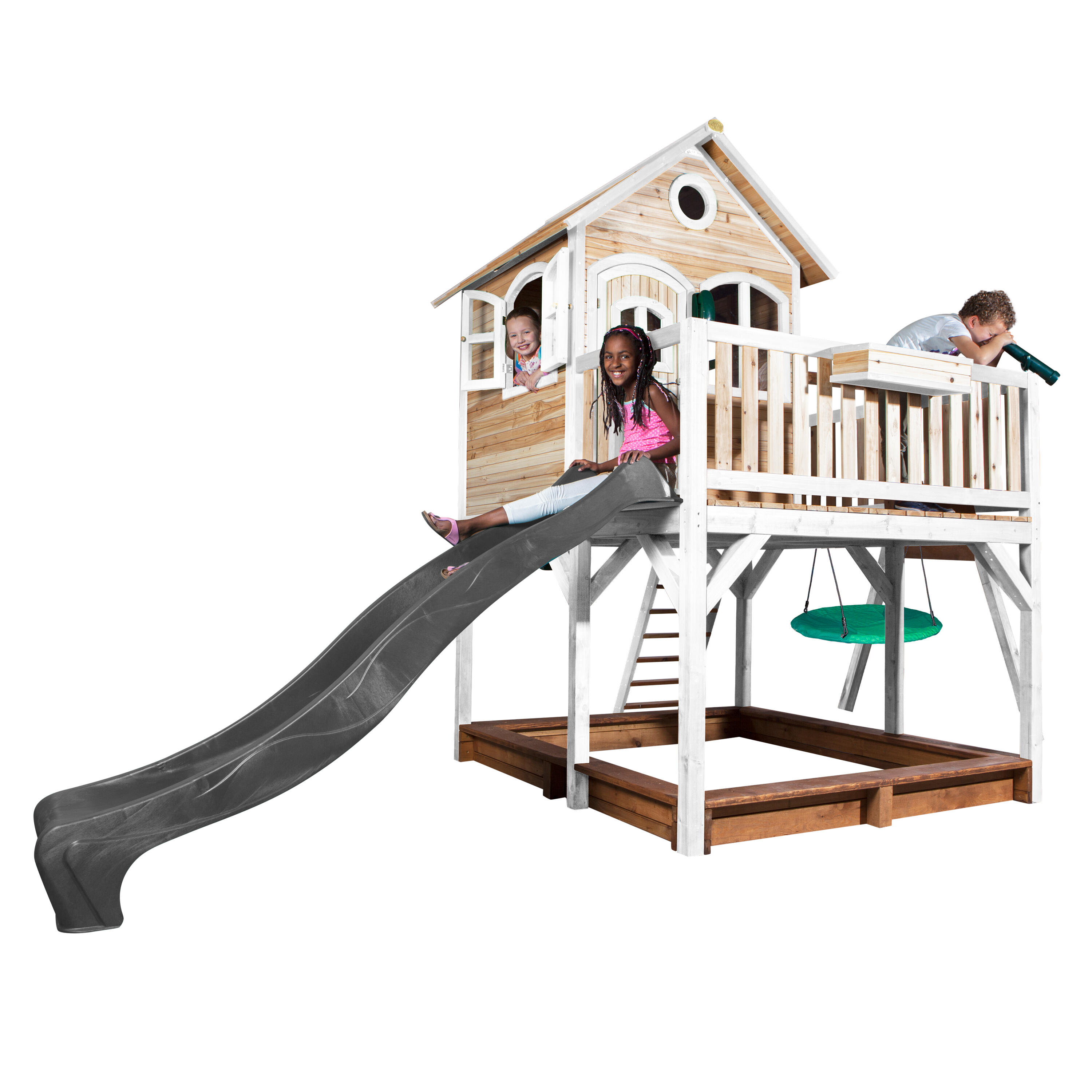 Casetta da giardino per bambini Liam, sabbiera, altalena a nido, scivolo grigio 7/7