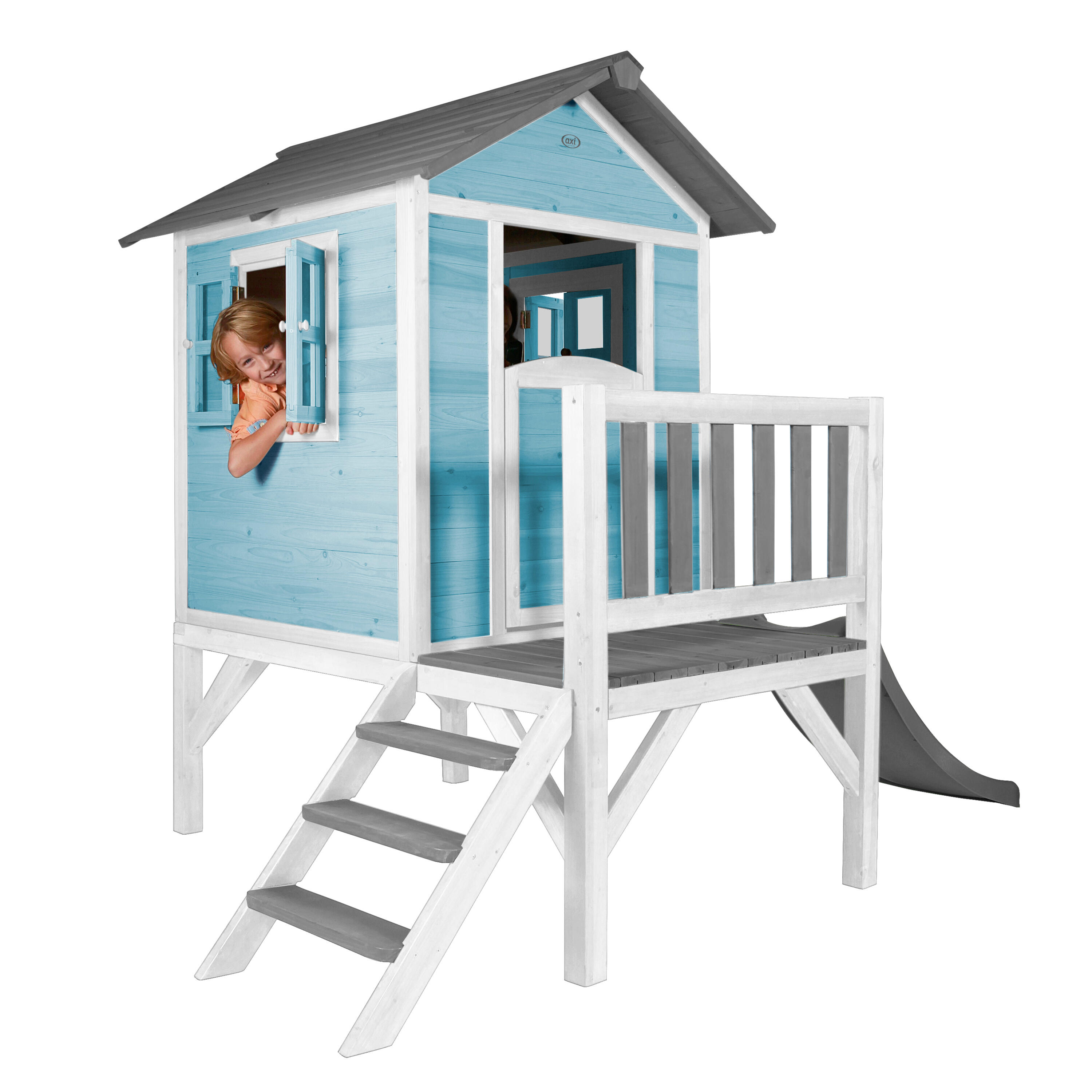 Casetta da giardino per bambini Lodge XL blu - Scivolo grigio 6/7