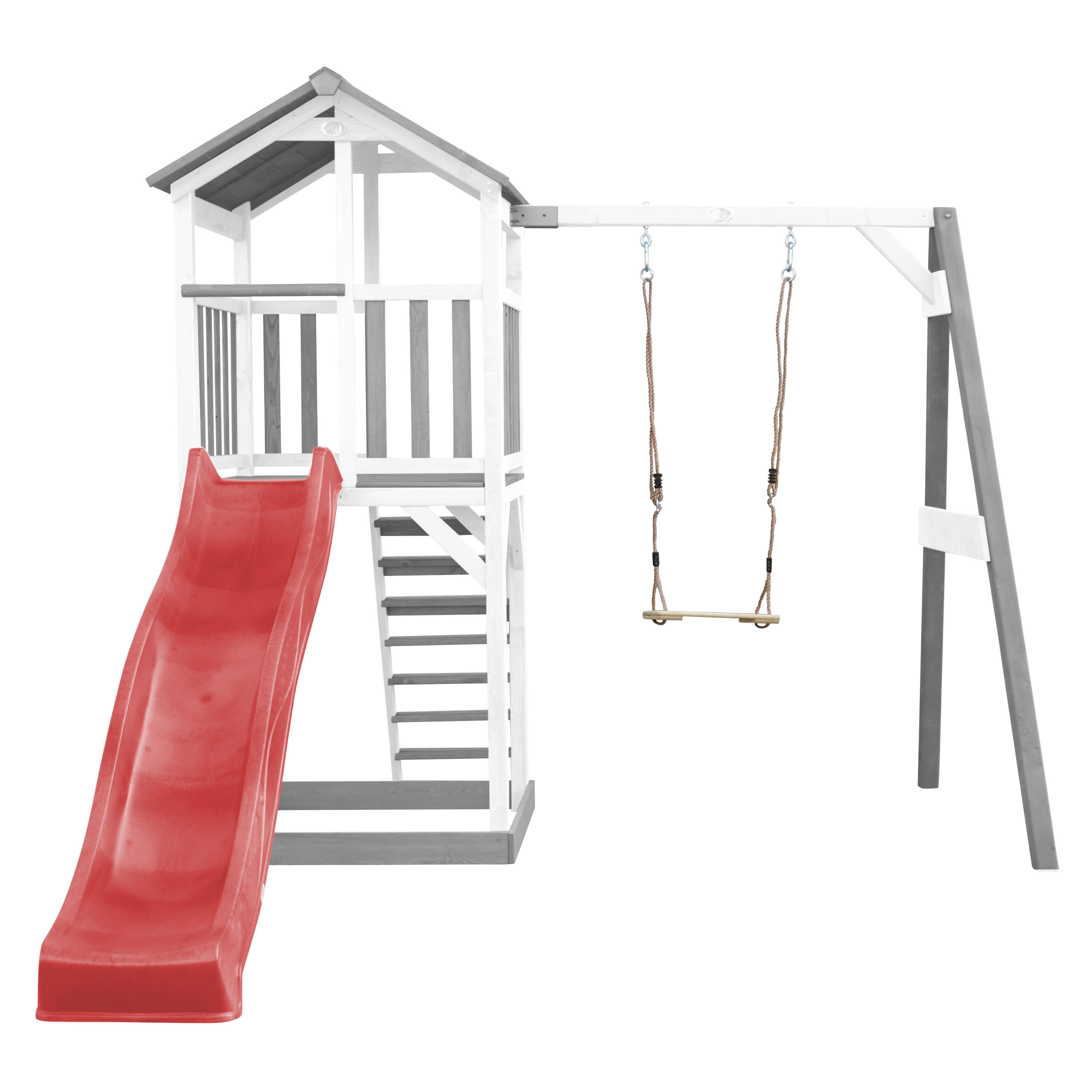 Aire de jeux Beach Tower Grise/Blanche avec 1 Balançoire - Toboggan Rouge 5/7