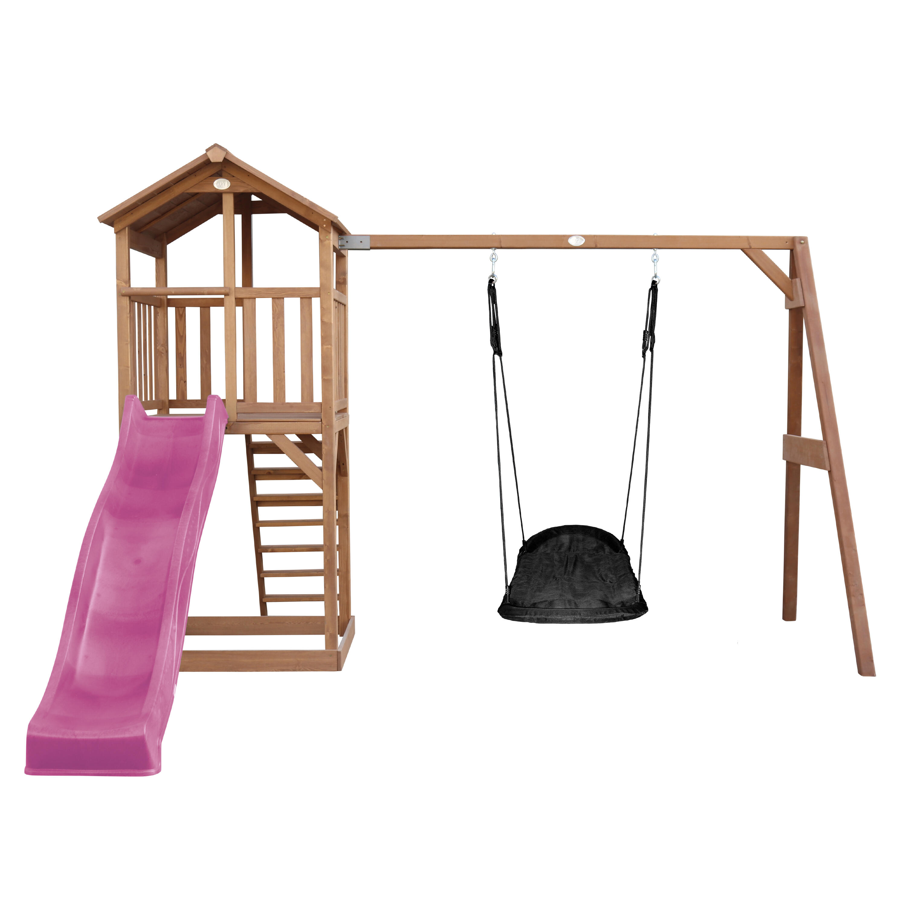 Aire de jeux Beach Tower marron, Toboggan Violet,  Balançoire Nid d'oiseau 2/7