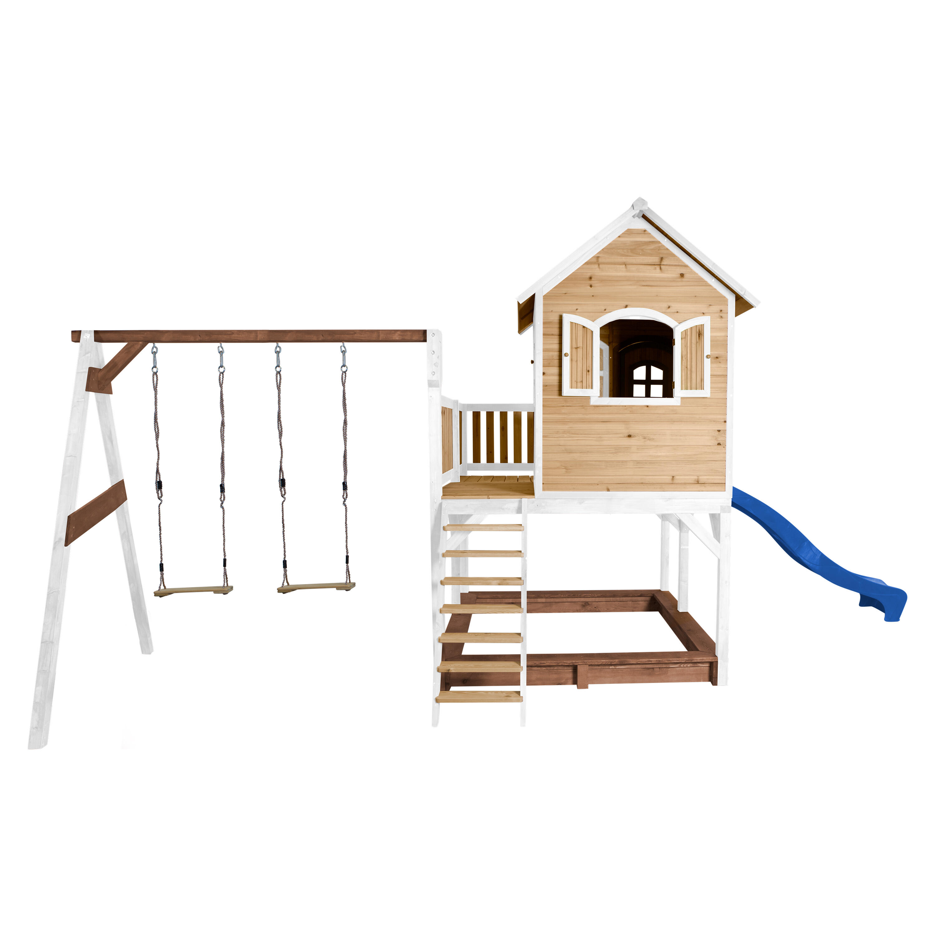 Maisonnette en bois Liam Marron/Blanche avec 2 Balançoires - Toboggan Bleu 5/7