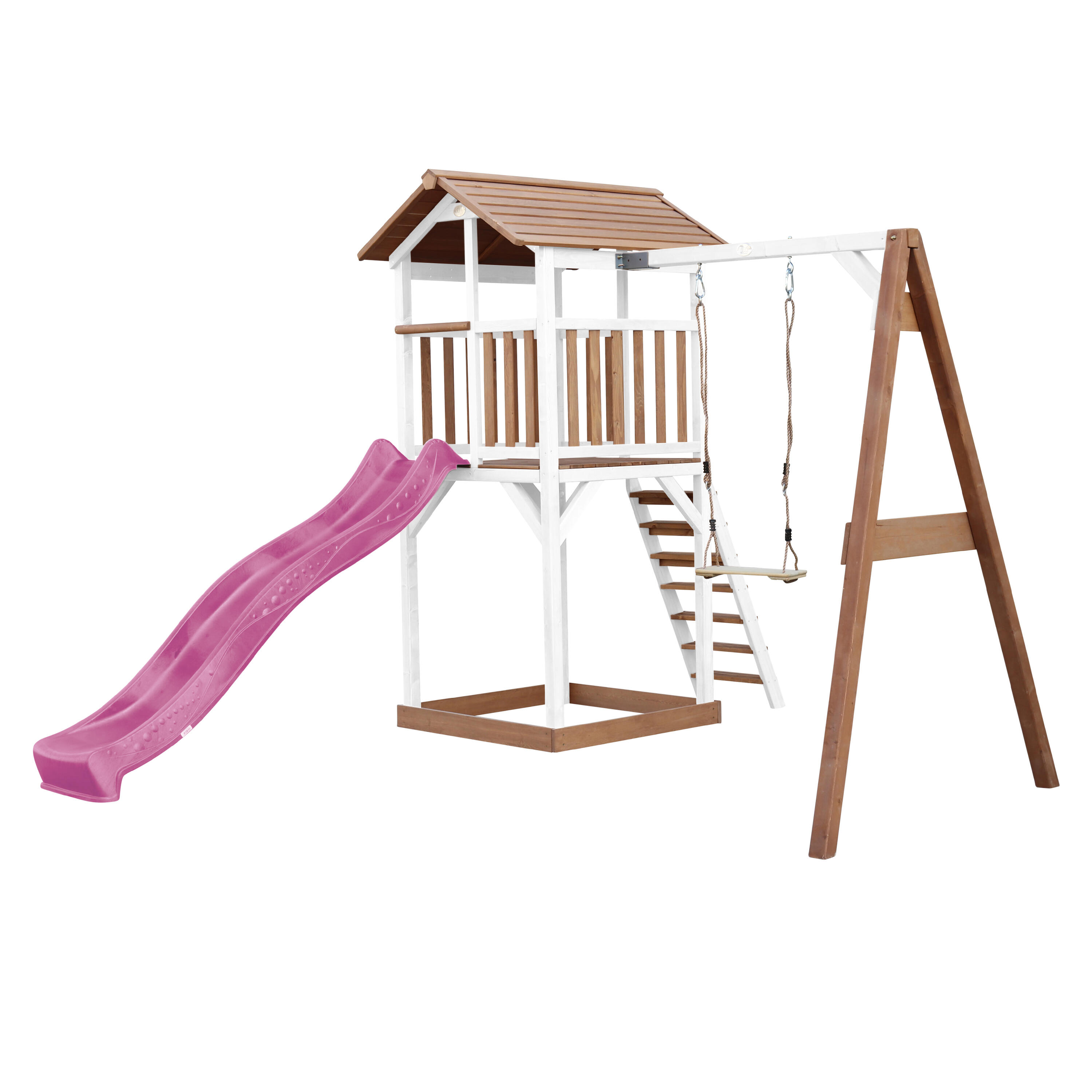 Aire de jeux Beach Tower Marron/Blanche avec 1 Balançoire - Toboggan Violet 2/7