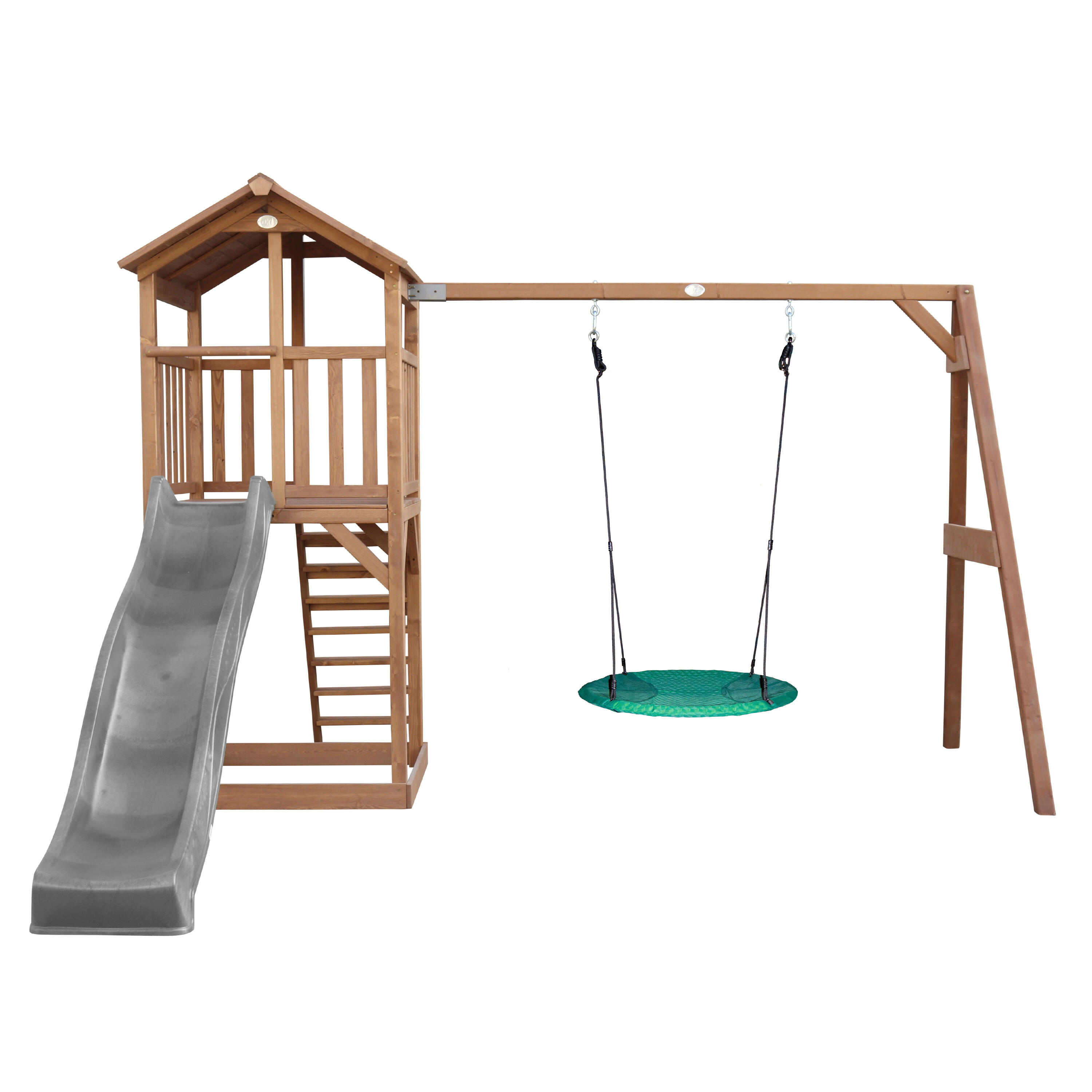 Parque Infantil Beach Tower marrón, columpio tipo nido, tobogán gris 2/7