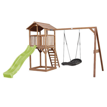 Aire de jeux Beach Tower marron, Toboggan Bleu, Balançoire Nid d'oiseau