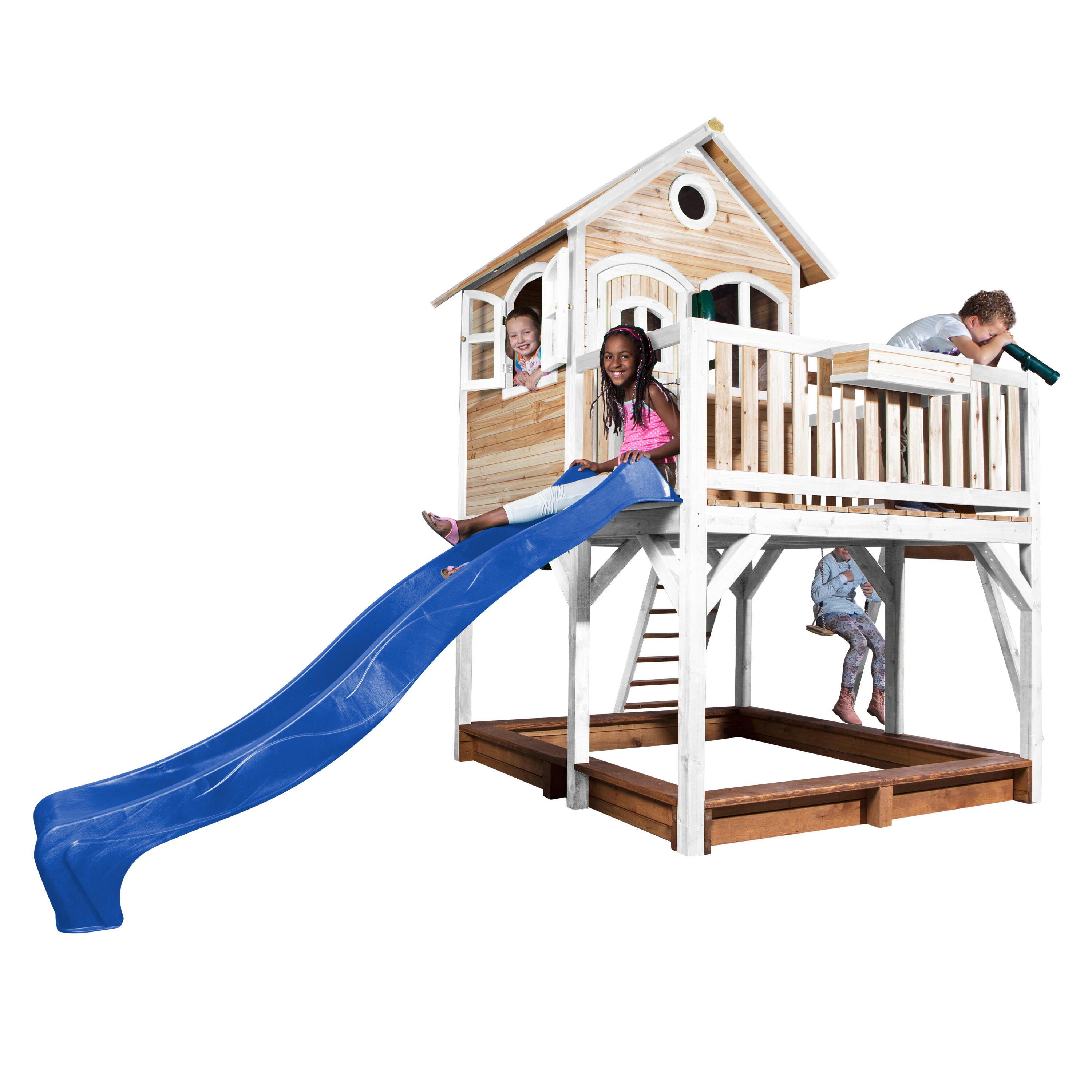 Maisonnette en bois Liam Marron/Blanche avec 2 Balançoires - Toboggan Bleu 7/7
