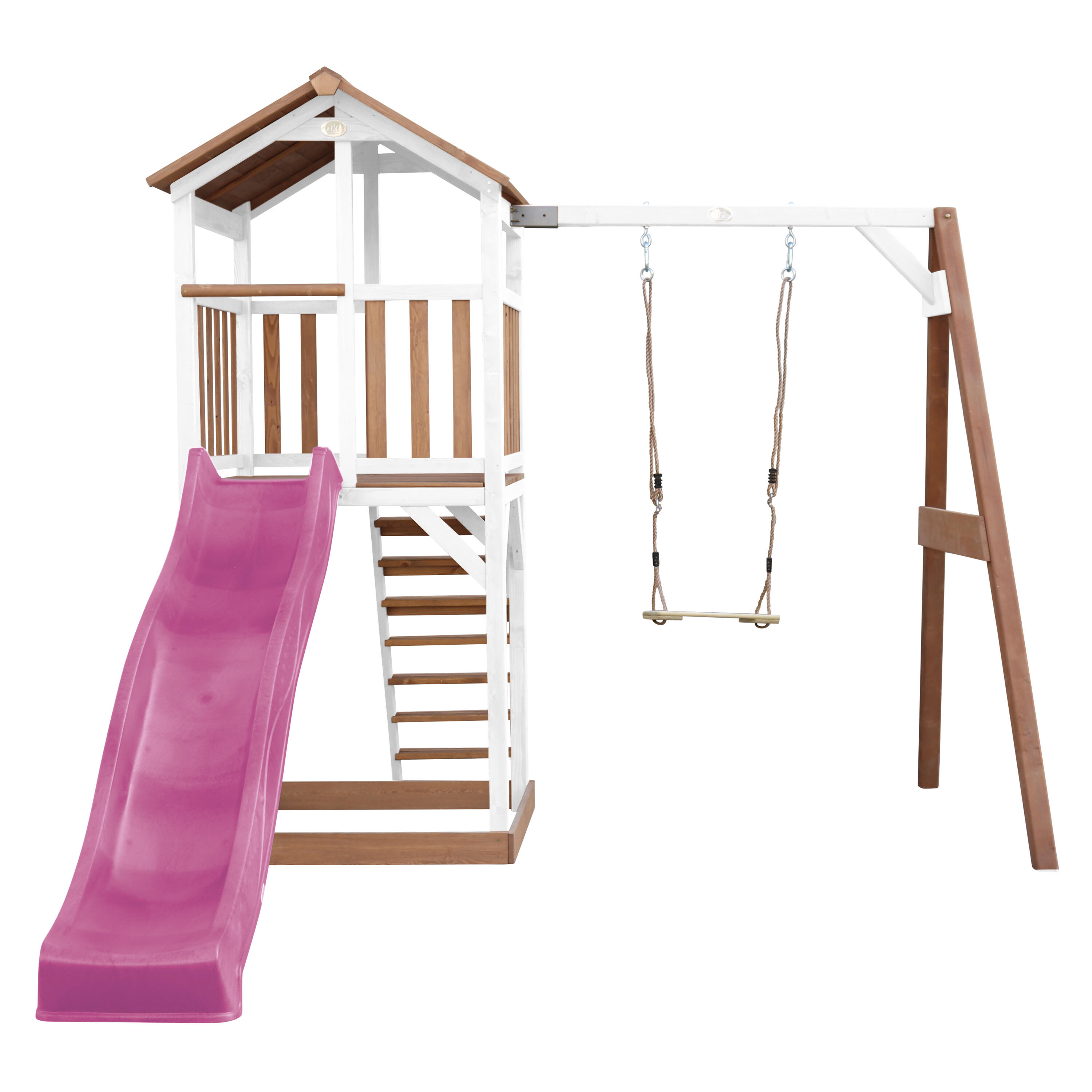 Aire de jeux Beach Tower Marron/Blanche avec 1 Balançoire - Toboggan Violet 5/7