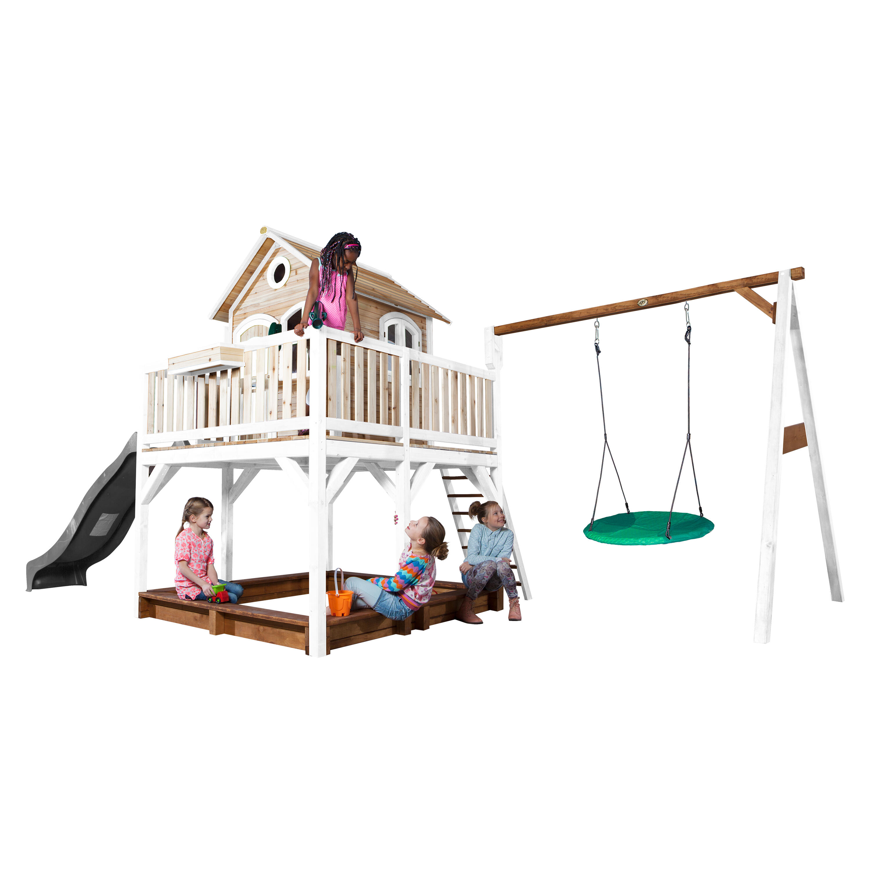 Casetta da giardino per bambini Liam, sabbiera, altalena a nido, scivolo grigio 6/7