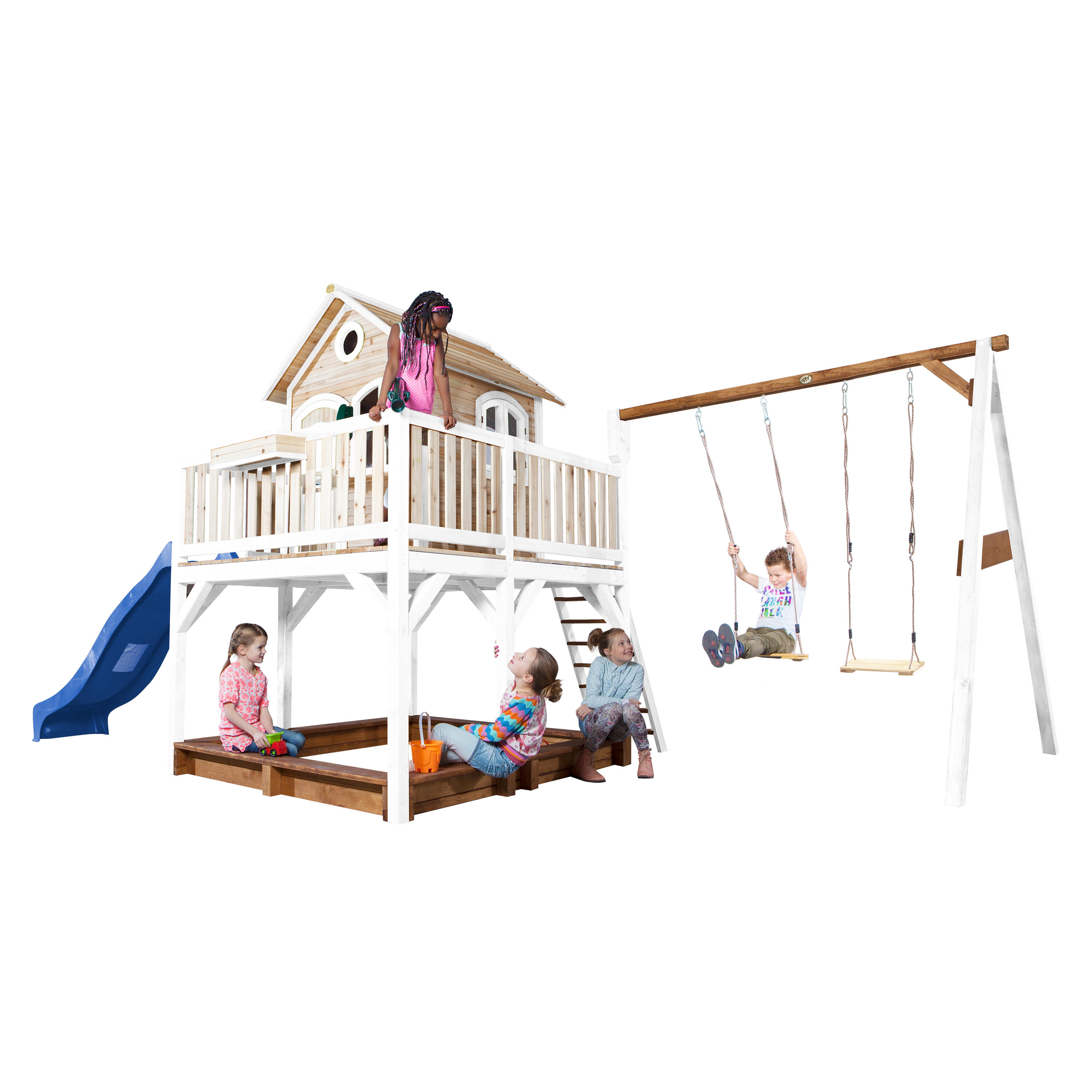 Maisonnette en bois Liam Marron/Blanche avec 2 Balançoires - Toboggan Bleu 6/7