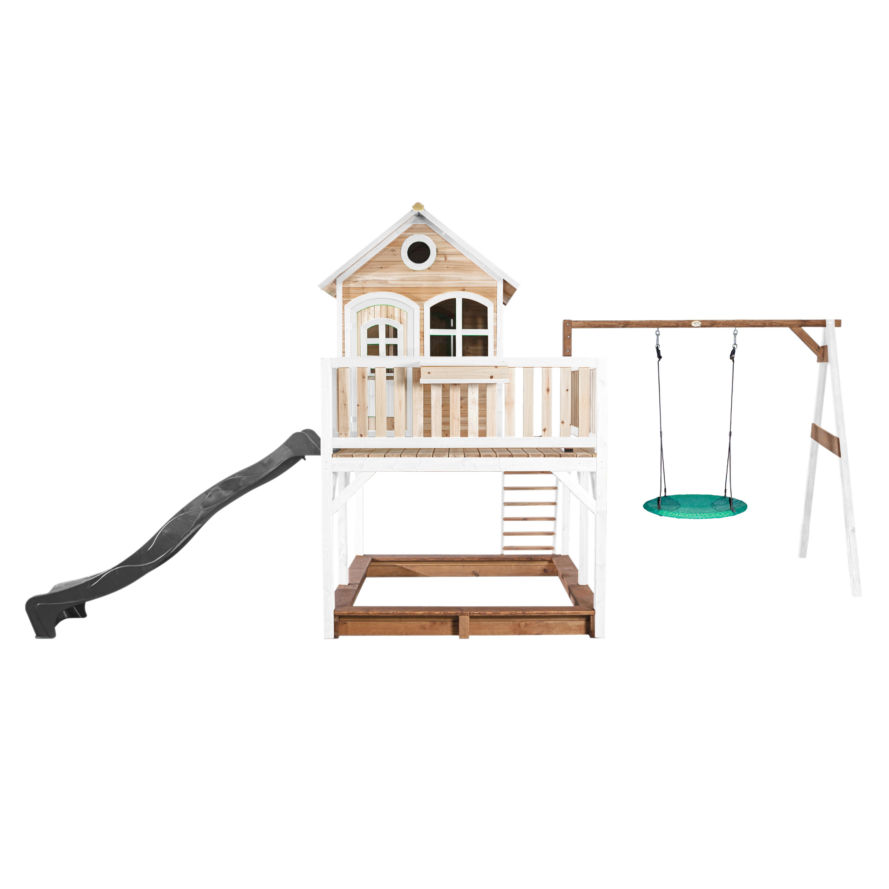 Casetta da giardino per bambini Liam, sabbiera, altalena a nido, scivolo grigio 2/7