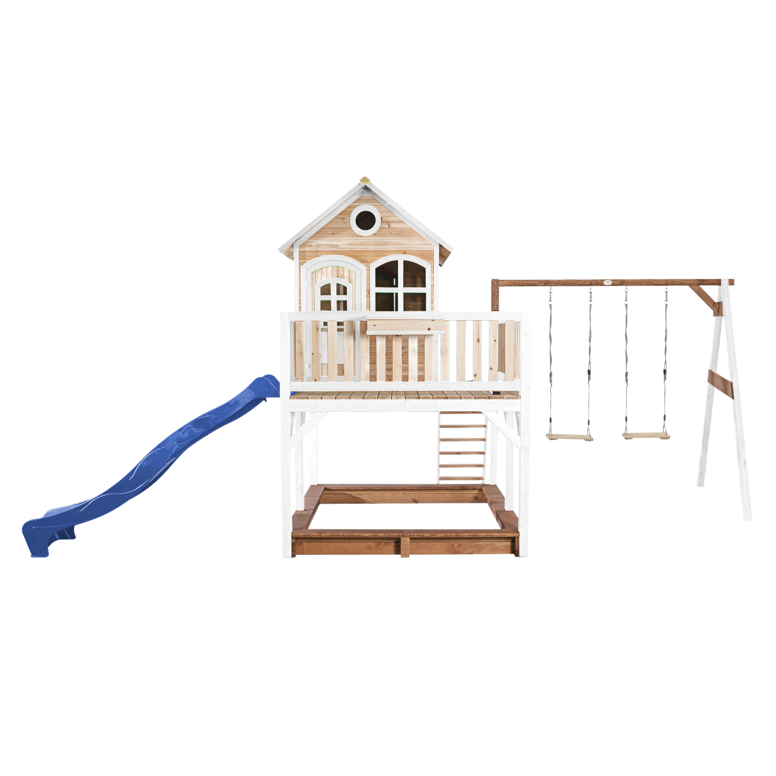 Maisonnette en bois Liam Marron/Blanche avec 2 Balançoires - Toboggan Bleu 2/7