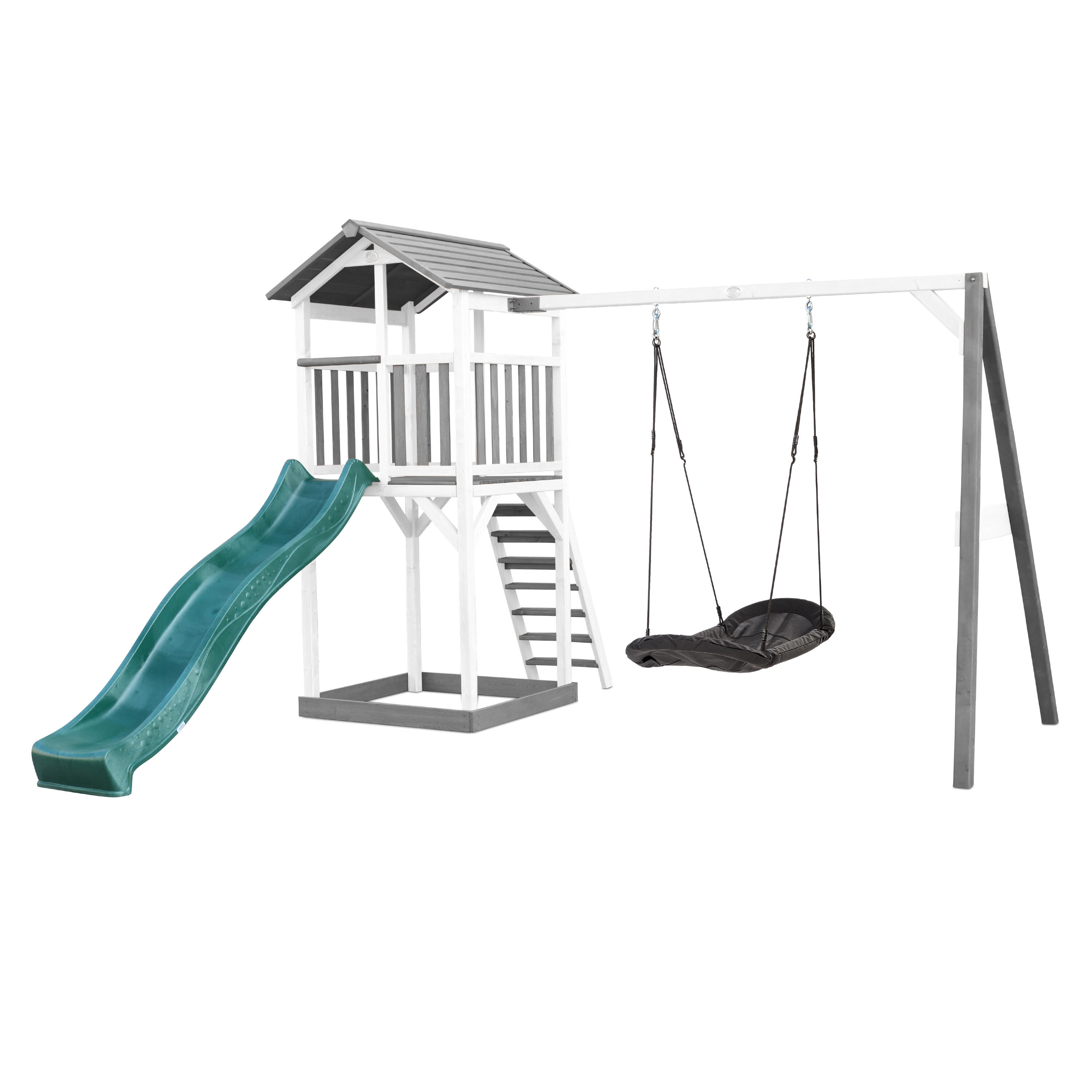 Axi - Aire De Jeux Beach Tower Grise/blanche Toboggan Vert, Balançoire Noire - Aire De Jeu - Vert - Taille Unique - Decathlon